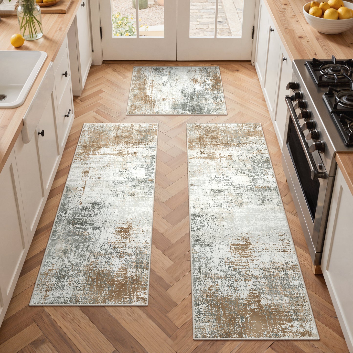KUETH Kitchen Mats for Floor,Sets of 3 Non Slip Washable Abstract Kitchen Rugs 20"x32"+20"x48"+20"x59", Kitchen Runner Rug with Waterproof for Hallway, Laundry, Bathroon and Bedroom