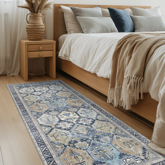 Area Rug for Living Room Machine Washable Rugs with Non-slips Brown Blue