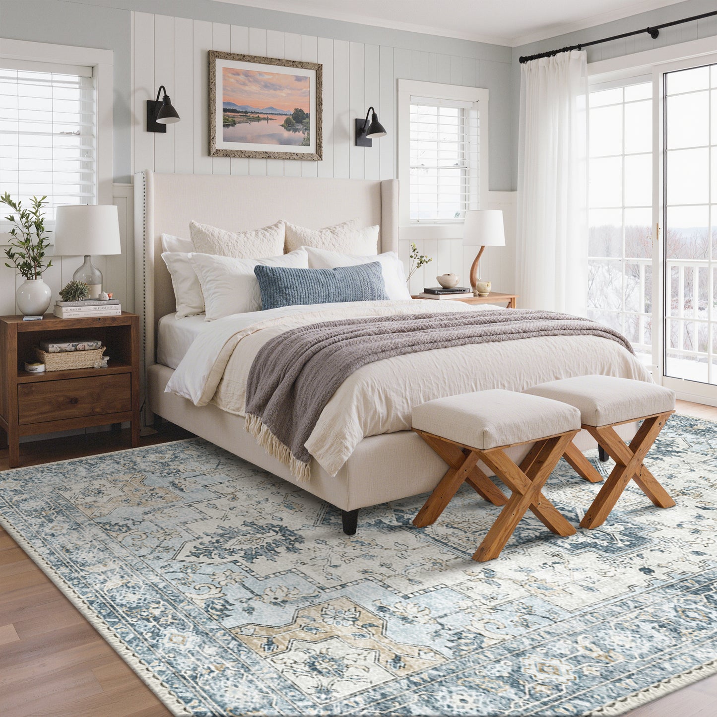 KUETH Modern 8x10 Area Rugs for Living Room, Non Slip Machine Washable Retro Rugs, Low Pile Chenille Print Rug for Bedroom, Dining Room, Home Office, Blue