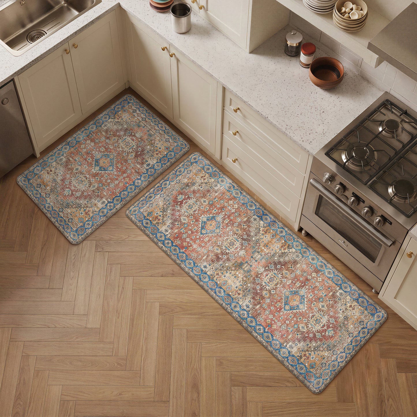 KUETH Kitchen Mats for Floor, Kitchen Rug with Anti Fatigue, Non Slip Washable Kitchen Rug, Set of 2 Kitchen Mat 17"x47"+17"x30", Runner Rug with Waterproof for Bathroon and Bedroom