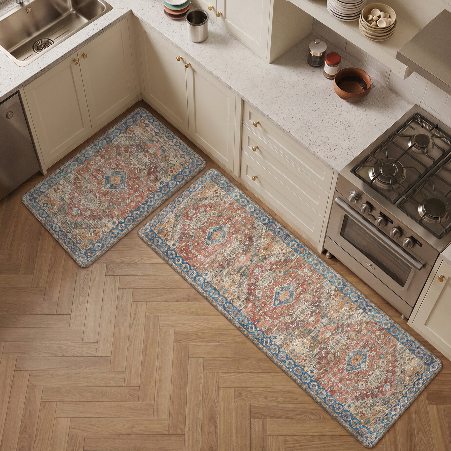 KUETH Kitchen Mats for Floor, Kitchen Rug with Anti Fatigue, Non Slip Washable Kitchen Rug, Set of 2 Kitchen Mat 17"x47"+17"x30", Runner Rug with Waterproof for Bathroon and Bedroom