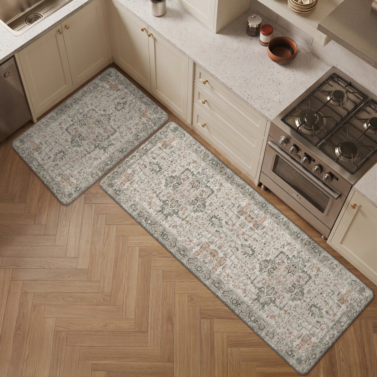 KUETH Kitchen Rug for Floor, Kitchen Mat Anti Fatigue, Non Slip Washable Kitchen Rug, Set of 2 Kitchen Mat 17"x47"+17"x30", Brown