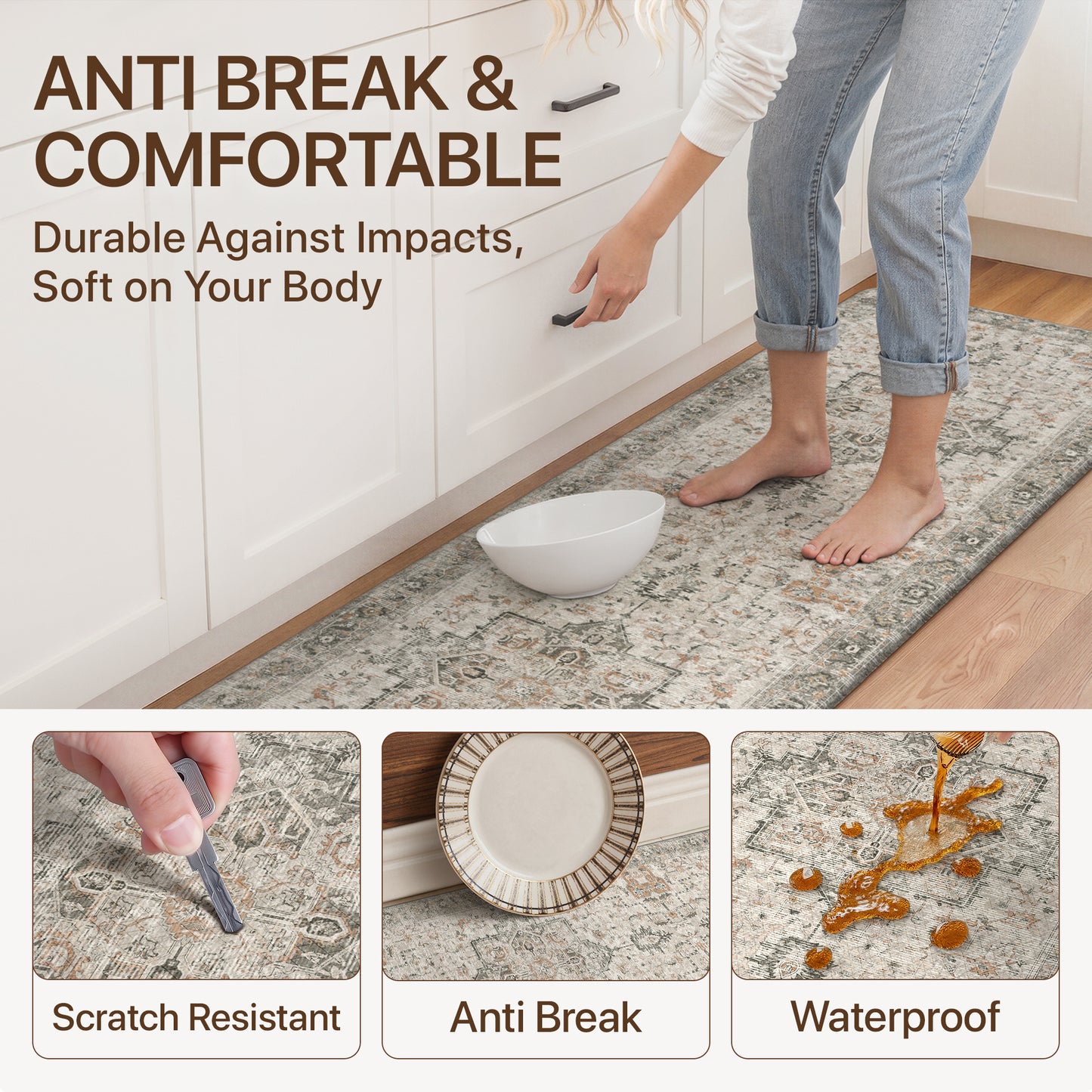 KUETH Kitchen Rug for Floor, Kitchen Mat Anti Fatigue, Non Slip Washable Kitchen Rug, Set of 2 Kitchen Mat 17"x47"+17"x30", Brown