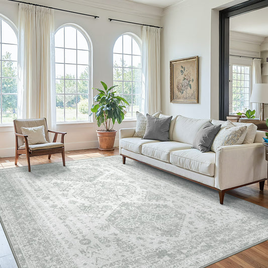 KUETH Area Rugs for Living Room 3x5 Machine Washable Bedroom Rugs Distressed Vintage Print Gray Large Throw Rug Dining Room Aesthetic, Non Slip Carpet with Gripper