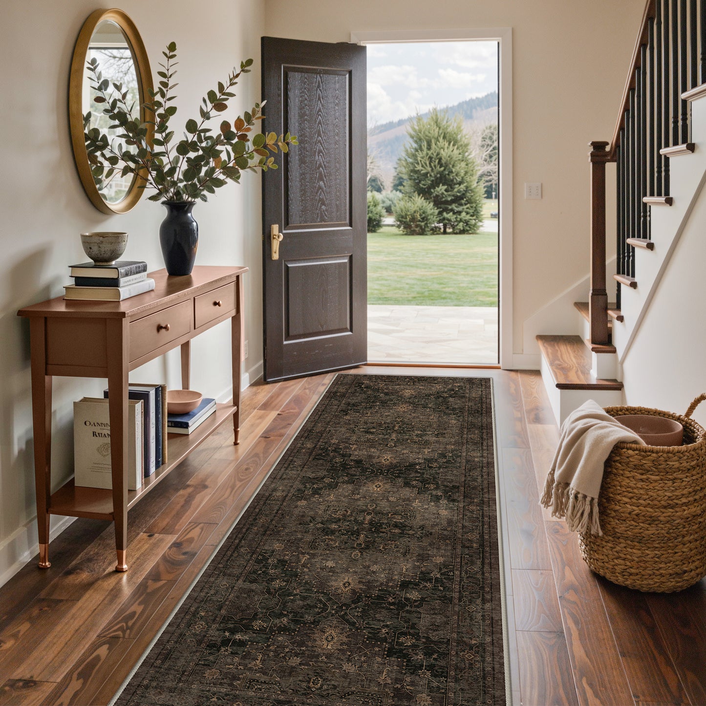 KUETH Modern 8x10 Area Rugs for Living Room, Non Slip Machine Washable Retro Rugs, Low Pile Chenille Print Rug for Bedroom, Dining Room, Home Office, Charcoal Brown