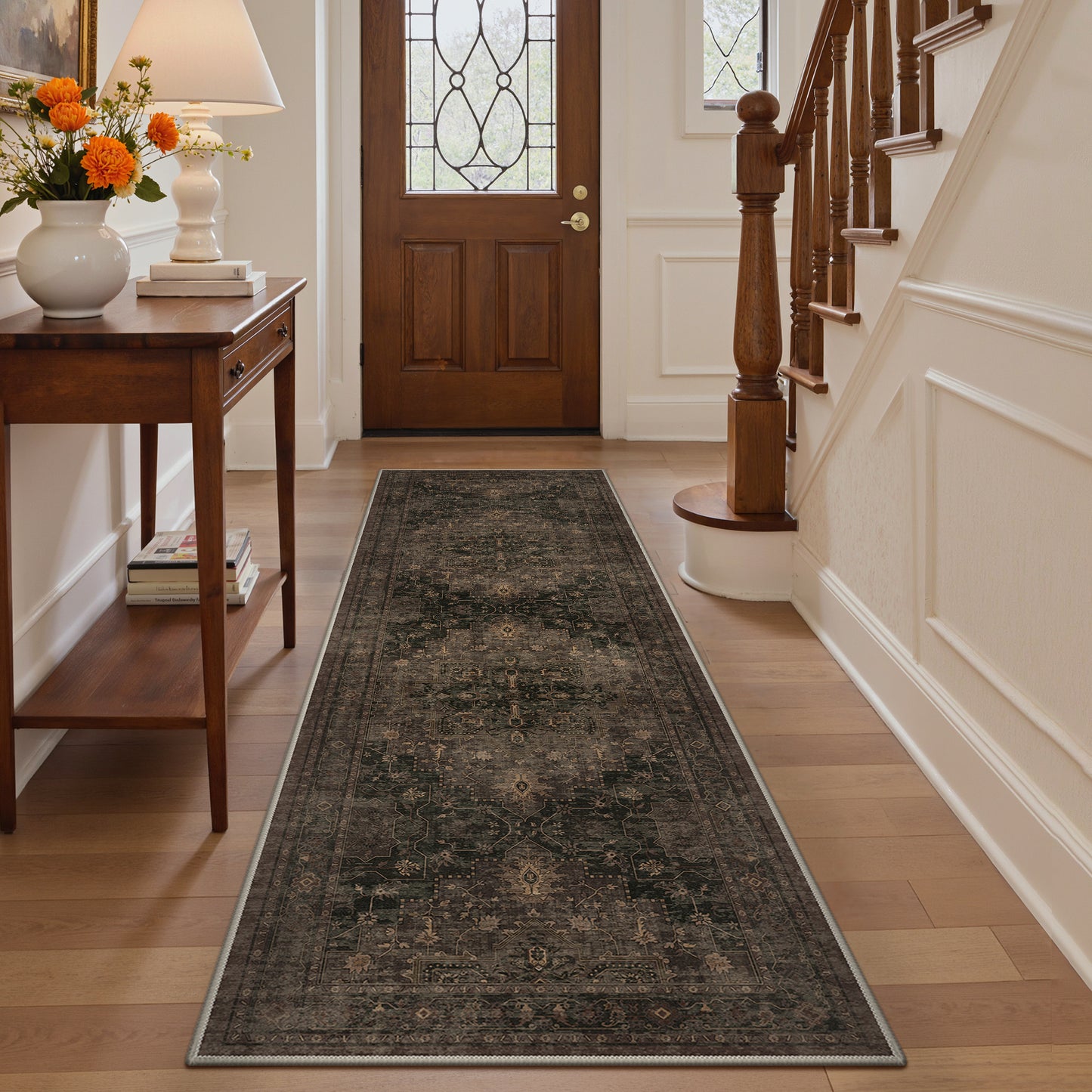 KUETH Modern 8x10 Area Rugs for Living Room, Non Slip Machine Washable Retro Rugs, Low Pile Chenille Print Rug for Bedroom, Dining Room, Home Office, Charcoal Brown