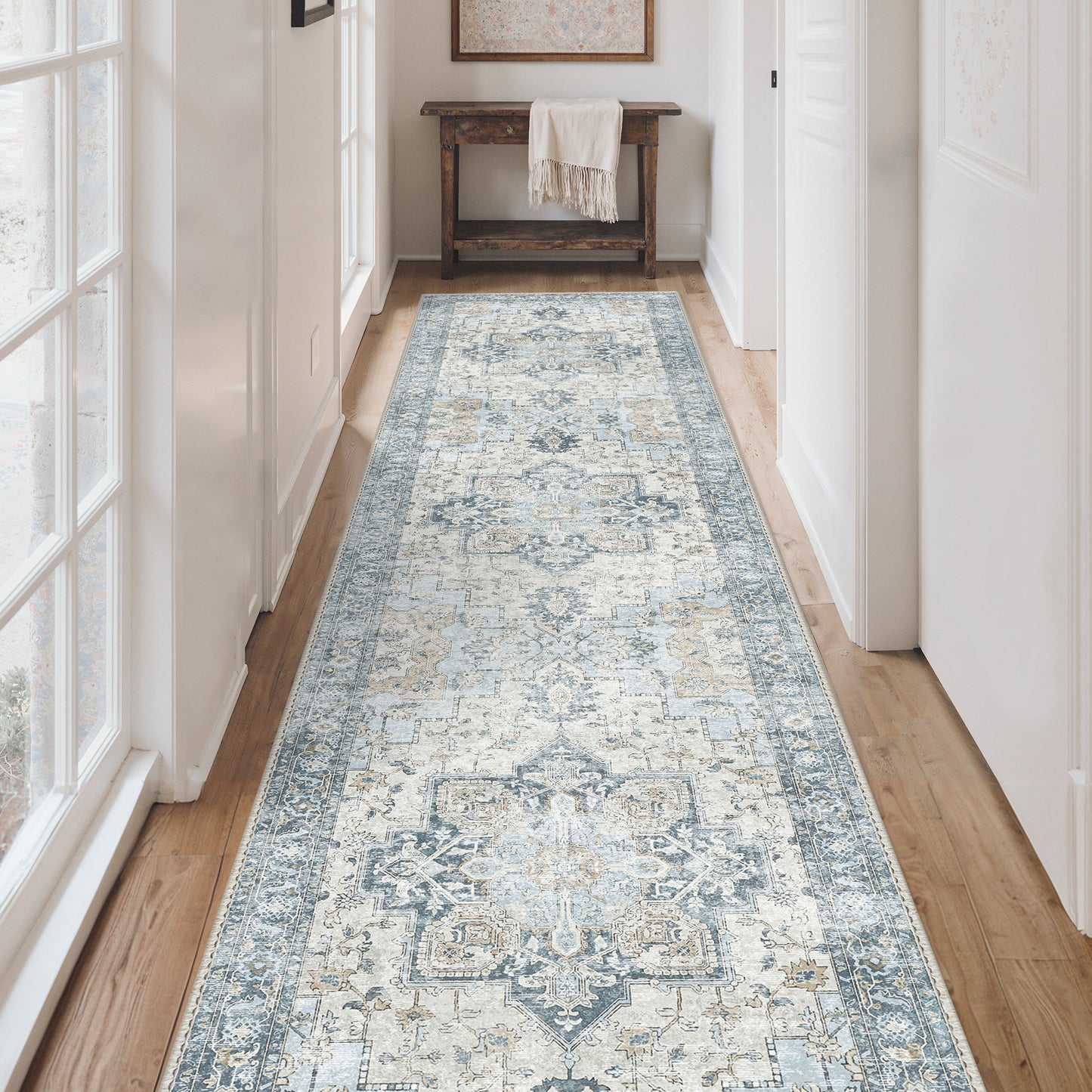KUETH Modern 8x10 Area Rugs for Living Room, Non Slip Machine Washable Retro Rugs, Low Pile Chenille Print Rug for Bedroom, Dining Room, Home Office, Blue
