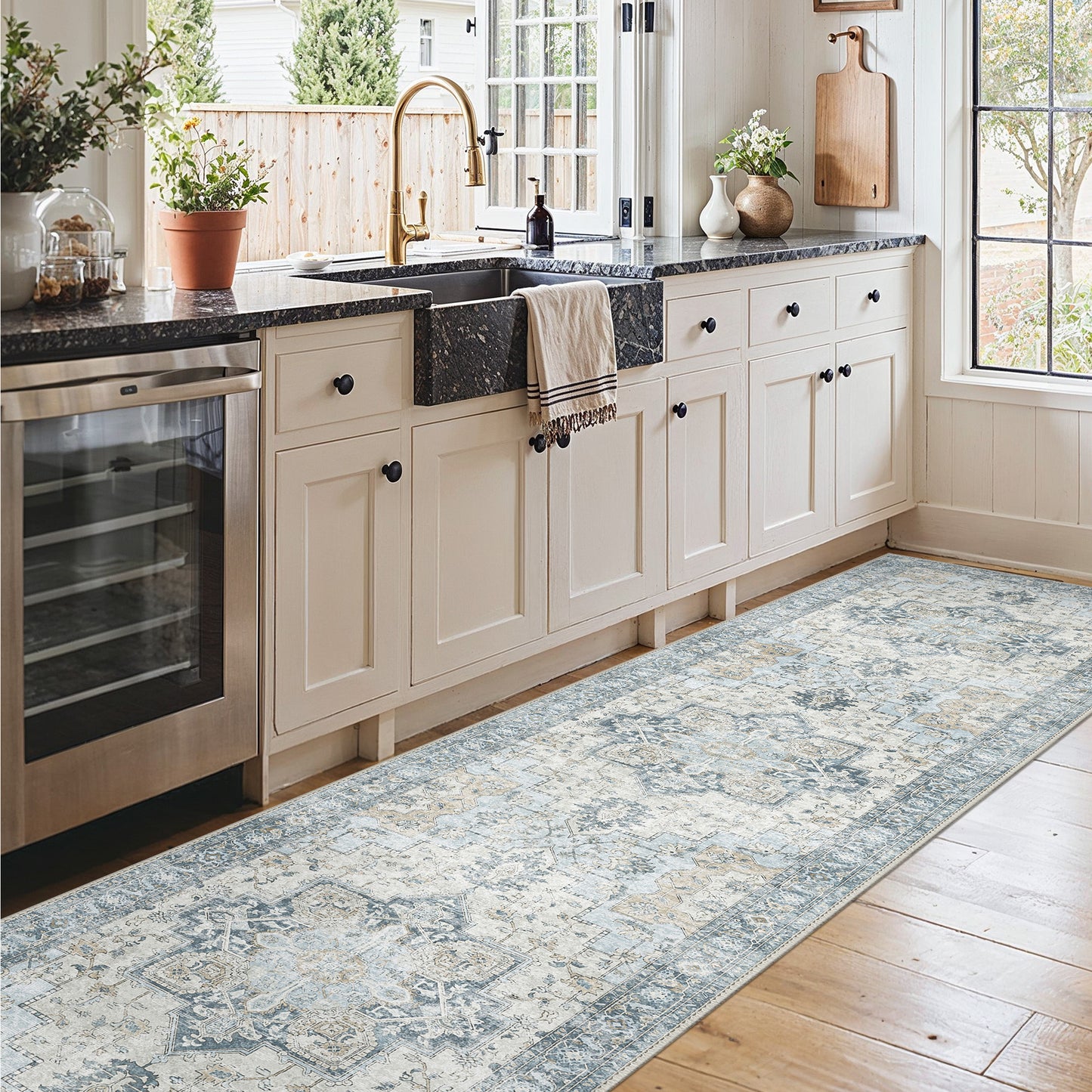 KUETH Modern 8x10 Area Rugs for Living Room, Non Slip Machine Washable Retro Rugs, Low Pile Chenille Print Rug for Bedroom, Dining Room, Home Office, Blue