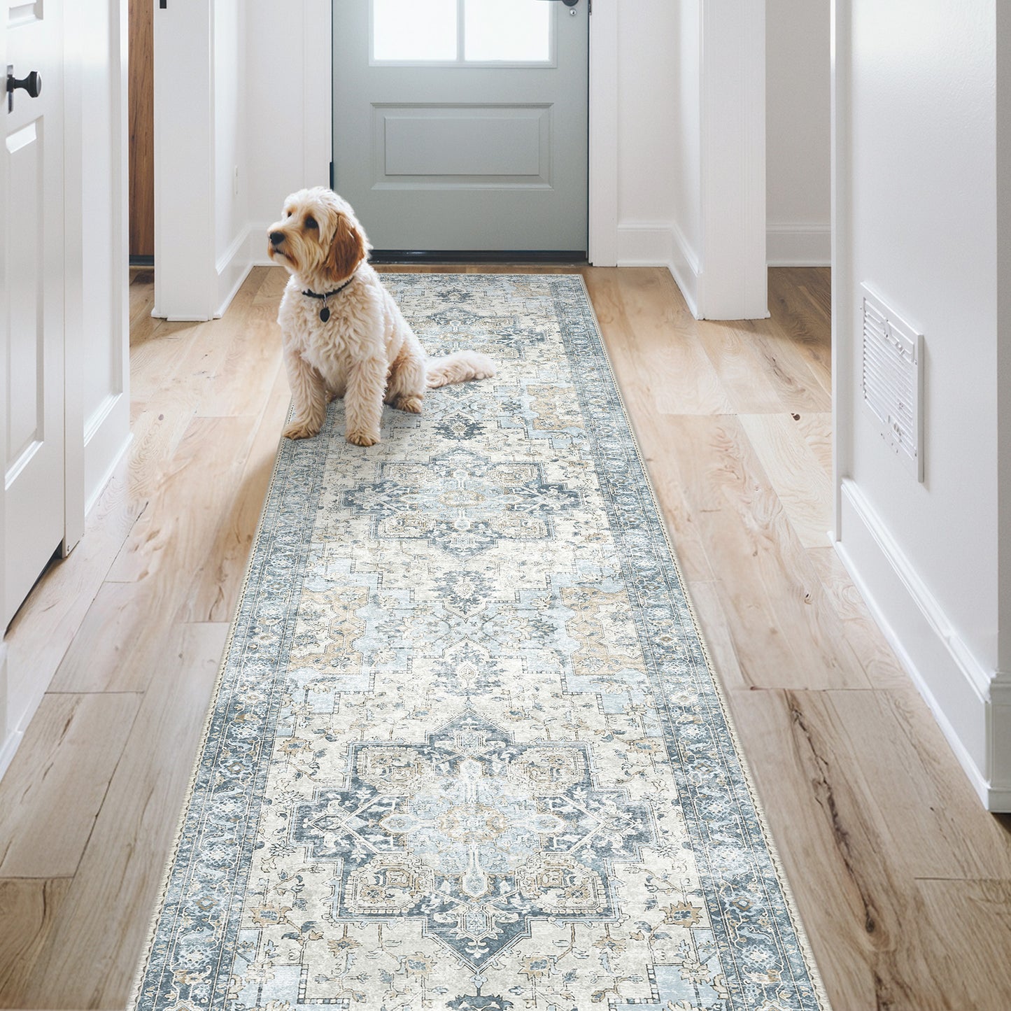 KUETH Modern 8x10 Area Rugs for Living Room, Non Slip Machine Washable Retro Rugs, Low Pile Chenille Print Rug for Bedroom, Dining Room, Home Office, Blue