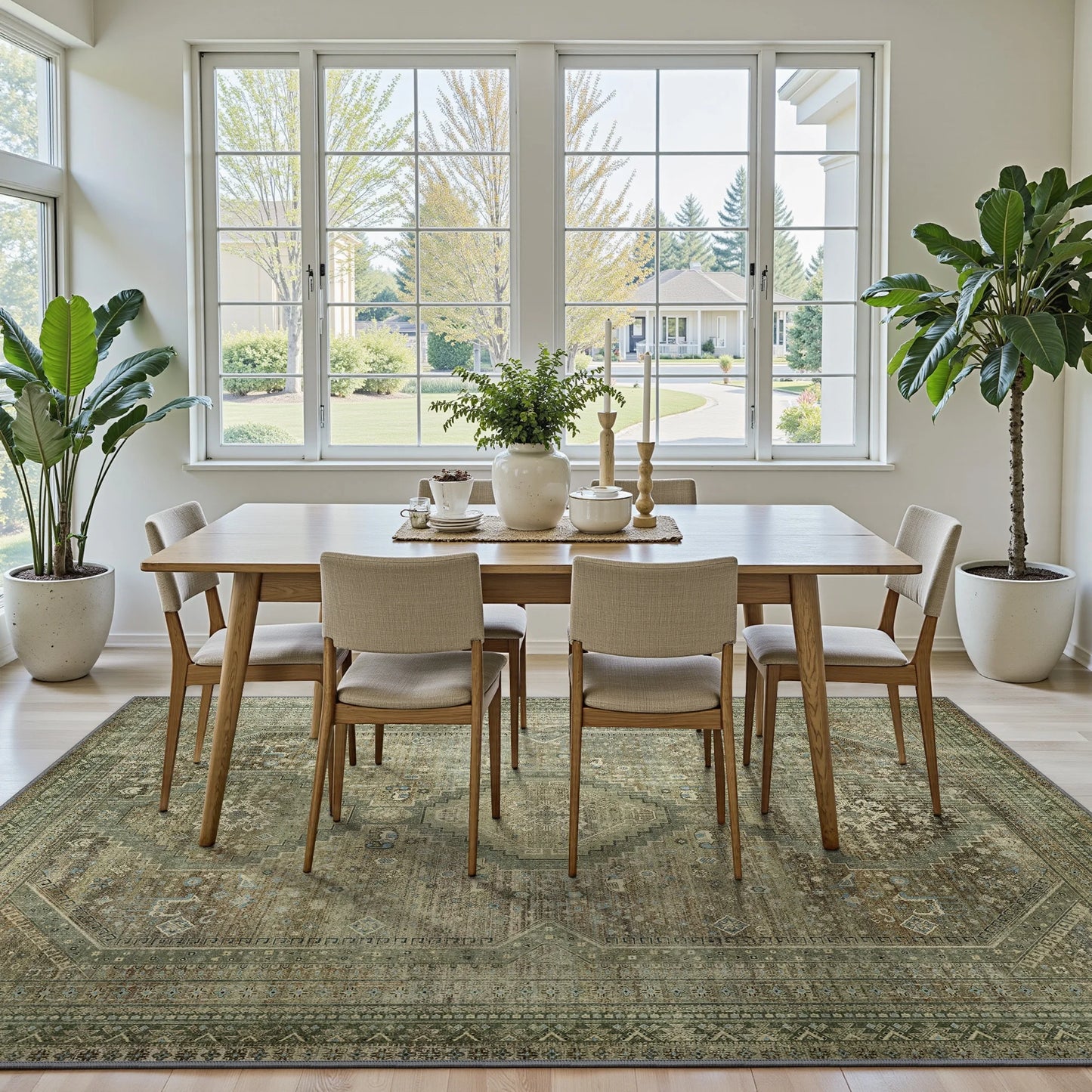 KUETH Area Rugs for Living Room 8x10 Machine Washable Bedroom Rugs Distressed Vintage Print Gray and Green Large Throw Rug Dining Room Aesthetic, Non Slip Carpet with Gripper