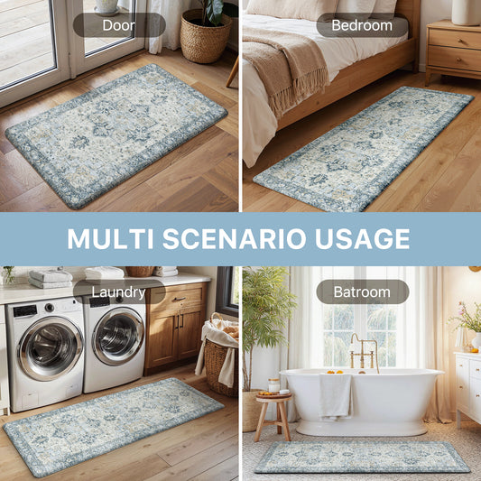 KUETH Kitchen Rug for Floor, Kitchen Mat Anti Fatigue, Non Slip Washable Kitchen Rug, Set of 2 Kitchen Mat 17"x59"+17"x30", Blue