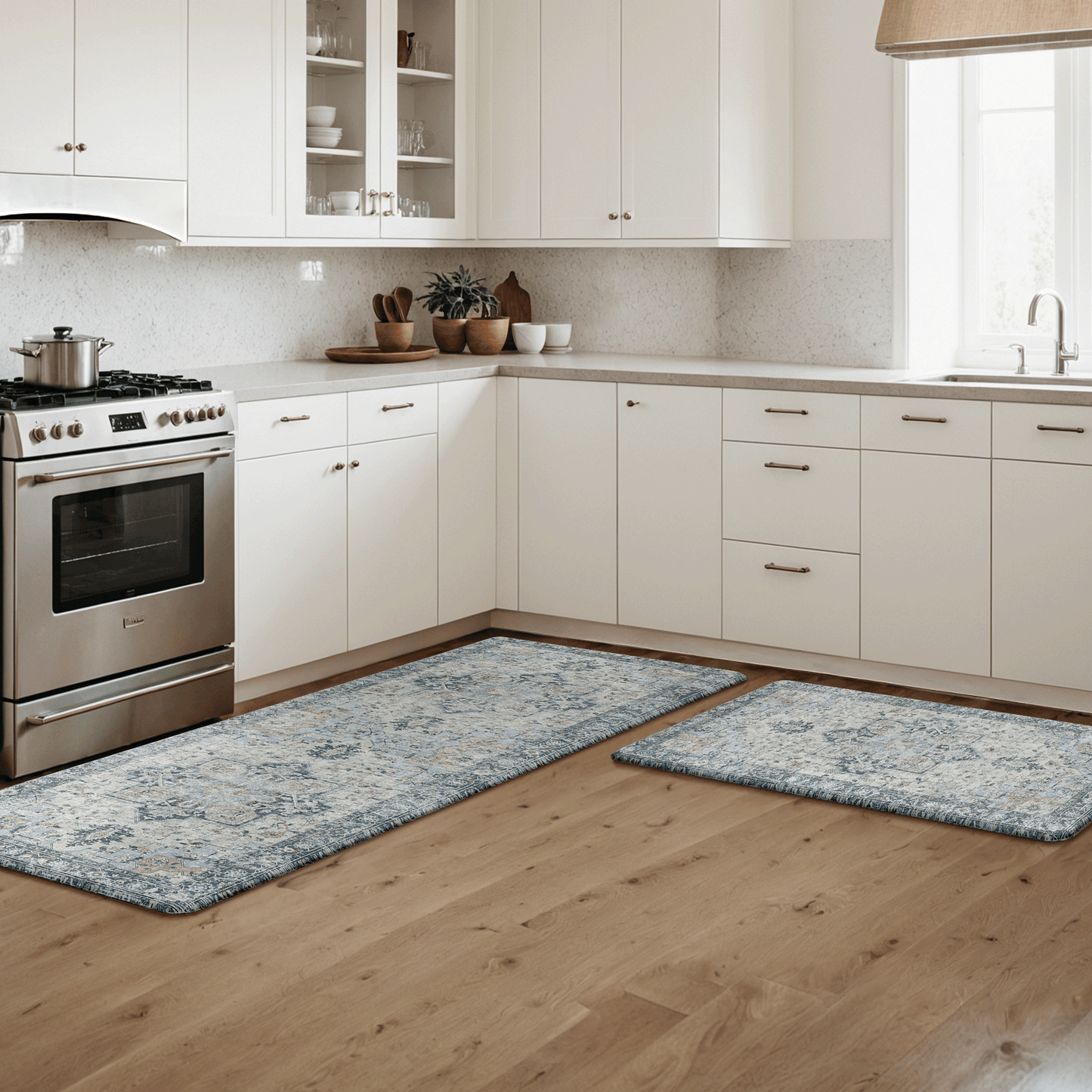 KUETH Kitchen Rug for Floor, Kitchen Mat Anti Fatigue, Non Slip Washable Kitchen Rug, Set of 2 Kitchen Mat 17"x59"+17"x30", Blue
