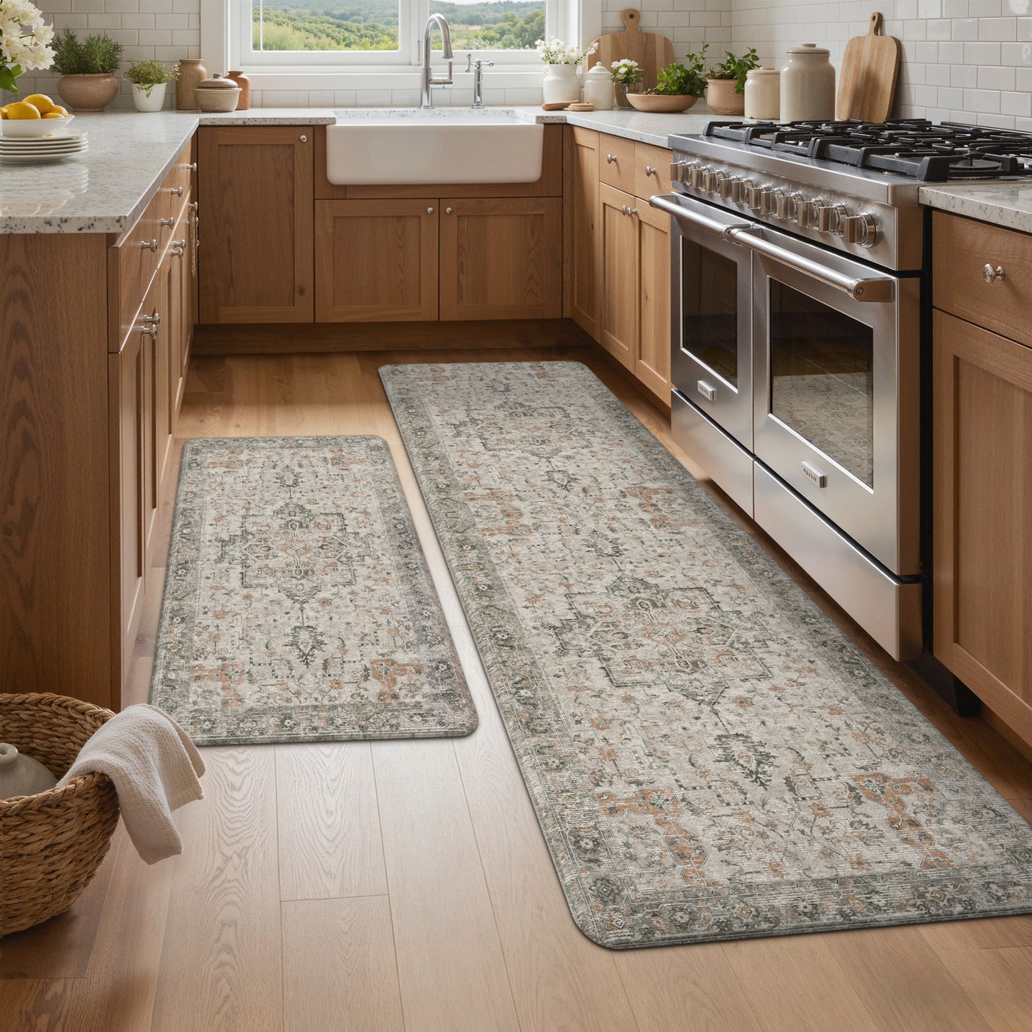 KUETH Kitchen Rug for Floor, Kitchen Mat Anti Fatigue, Non Slip Washable Kitchen Rug, Set of 2 Kitchen Mat 17"x47"+17"x30", Brown