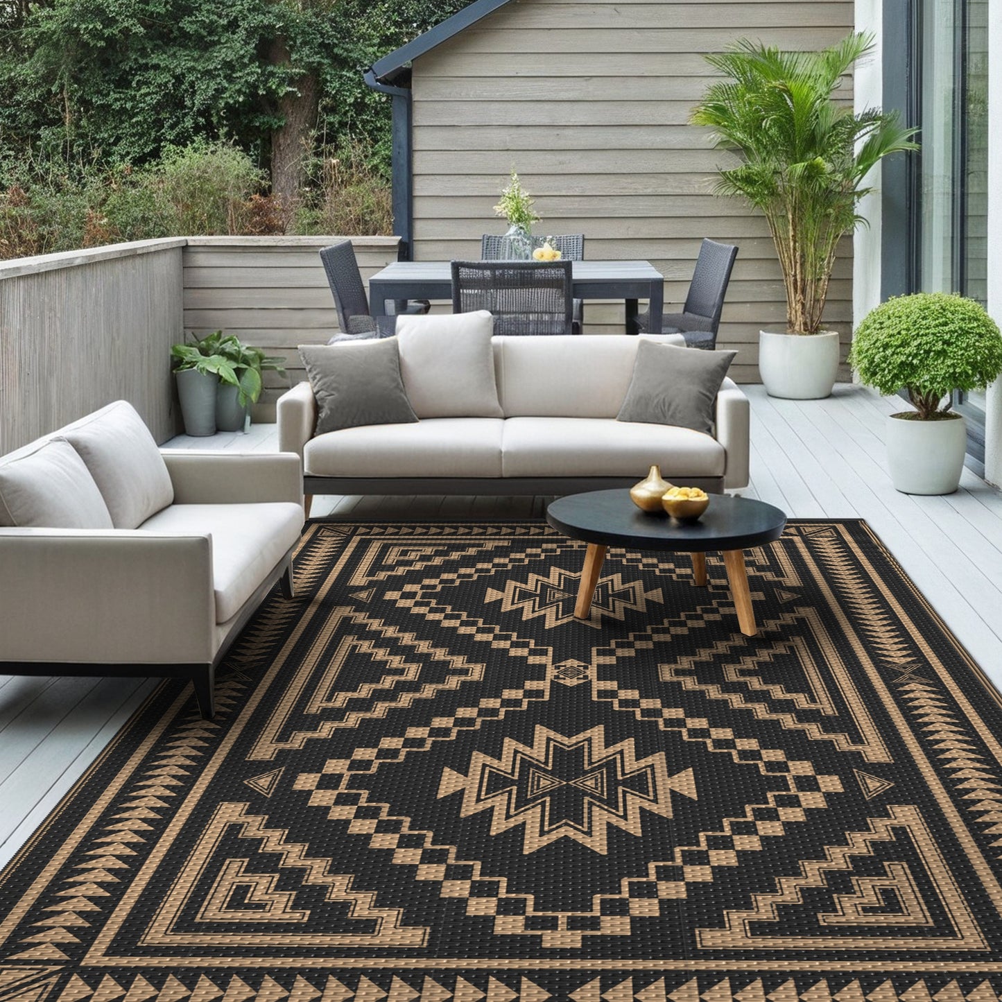 KUETH 8' x 10' Outdoor Rug Waterproof for Patio Carpet Plastic Reversible Straw Outdoor Rug for Camping Picnic Geometric Mat ,Black & Brown