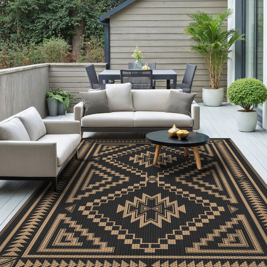 KUETH 8' x 10' Outdoor Rug Waterproof for Patio Carpet Plastic Reversible Straw Outdoor Rug for Camping Picnic Geometric Mat ,Black & Brown
