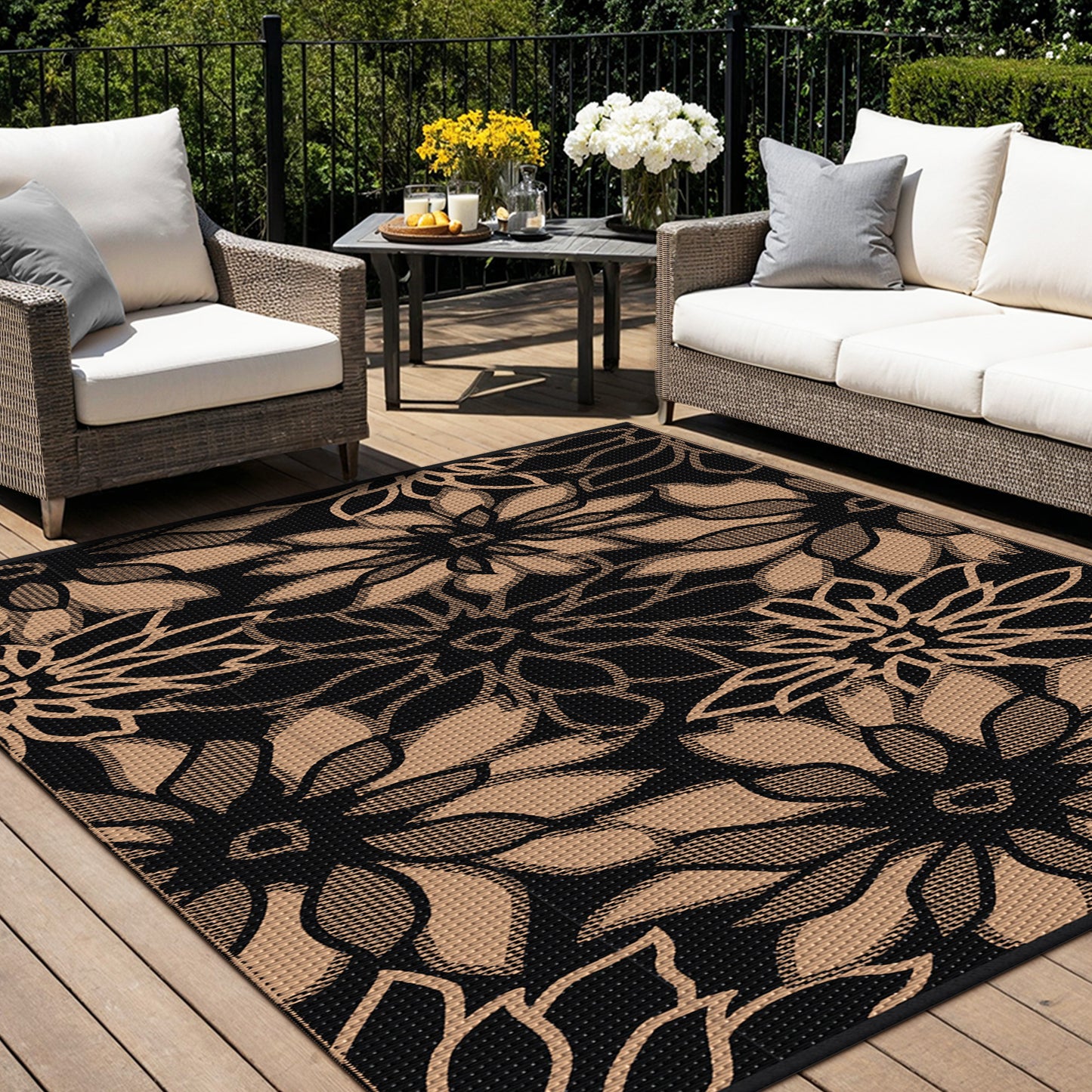 KUETH 6'x9' Outdoor Rug Waterproof Plastic Reversible Patio Camping Outside Carpet,Black Brown