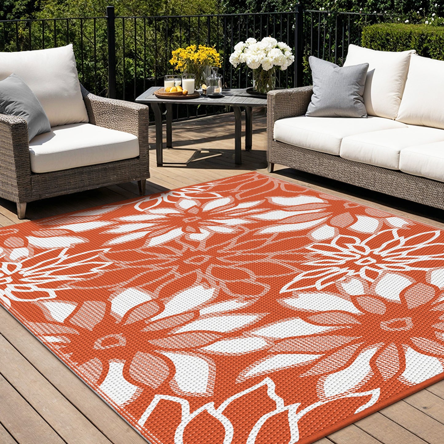 KUETH 6'x9' Outdoor Rug Waterproof Plastic Reversible Floral Patio Camping Outside Carpet,Orange White
