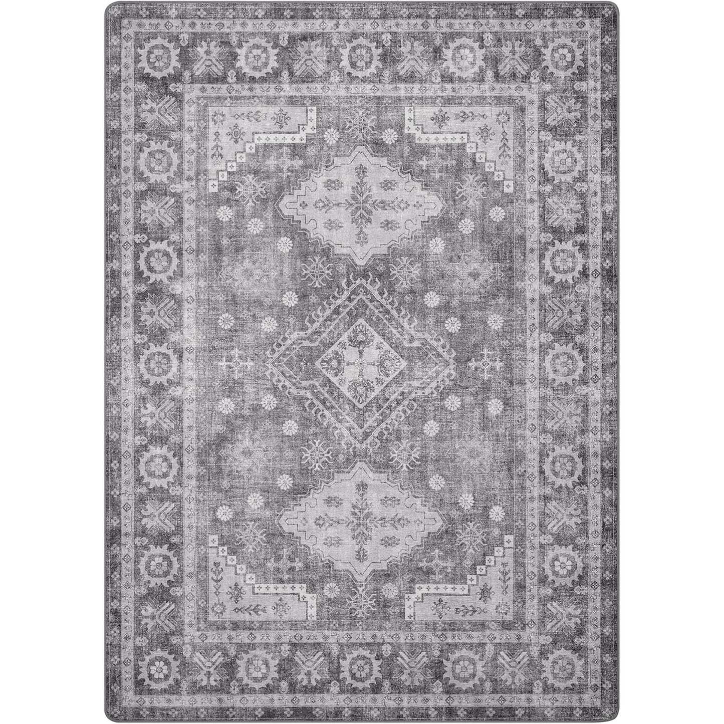KUETH 6x9 Area Rugs for Bedroom Living Room, Machine Washable Stain Resistant Floor Cover, Large Print Boho Vintage Tribal Aesthetic Carpet, Low Pile Mat with Non Slip Rubber Backing, Distressed Gray
