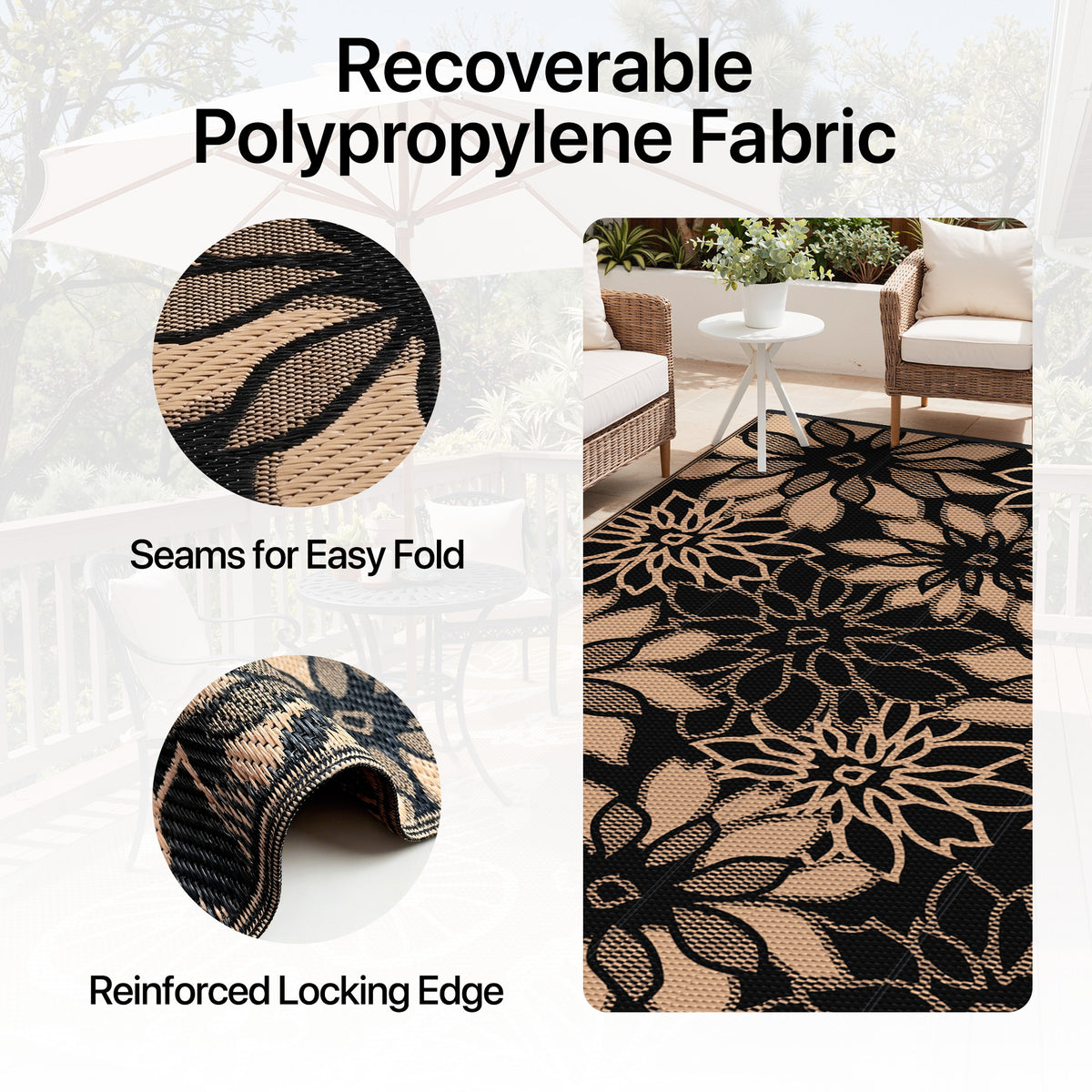 KUETH 5'x8' Outdoor Rug Waterproof Plastic Reversible Patio Camping Outside Carpet,Black Brown