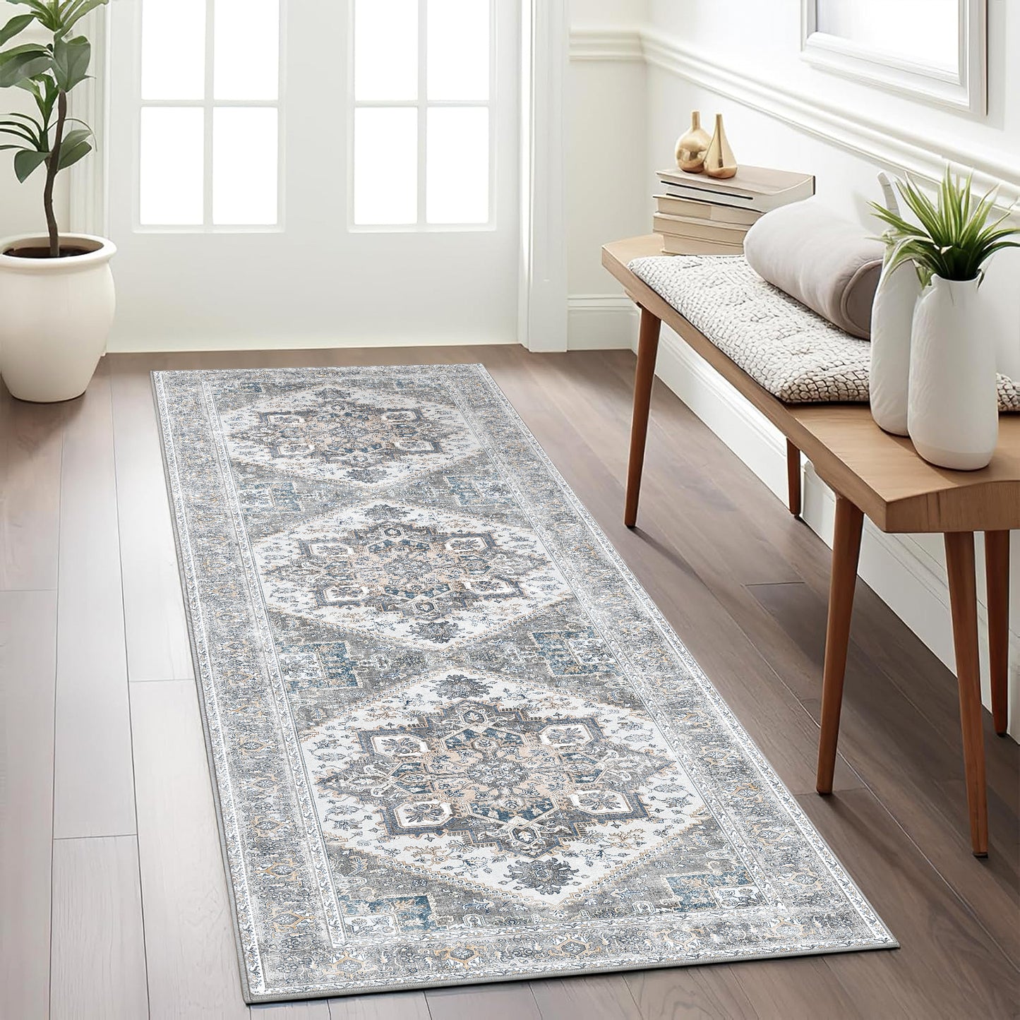 KUETH Area Rugs for Living Room Bedroom, Machine Washable Stain Resistant Floor Cover, Print Gray Floral Medallion Large Accent, Low Pile Mat with Non Slip Rubber Backing, Distressed Gray