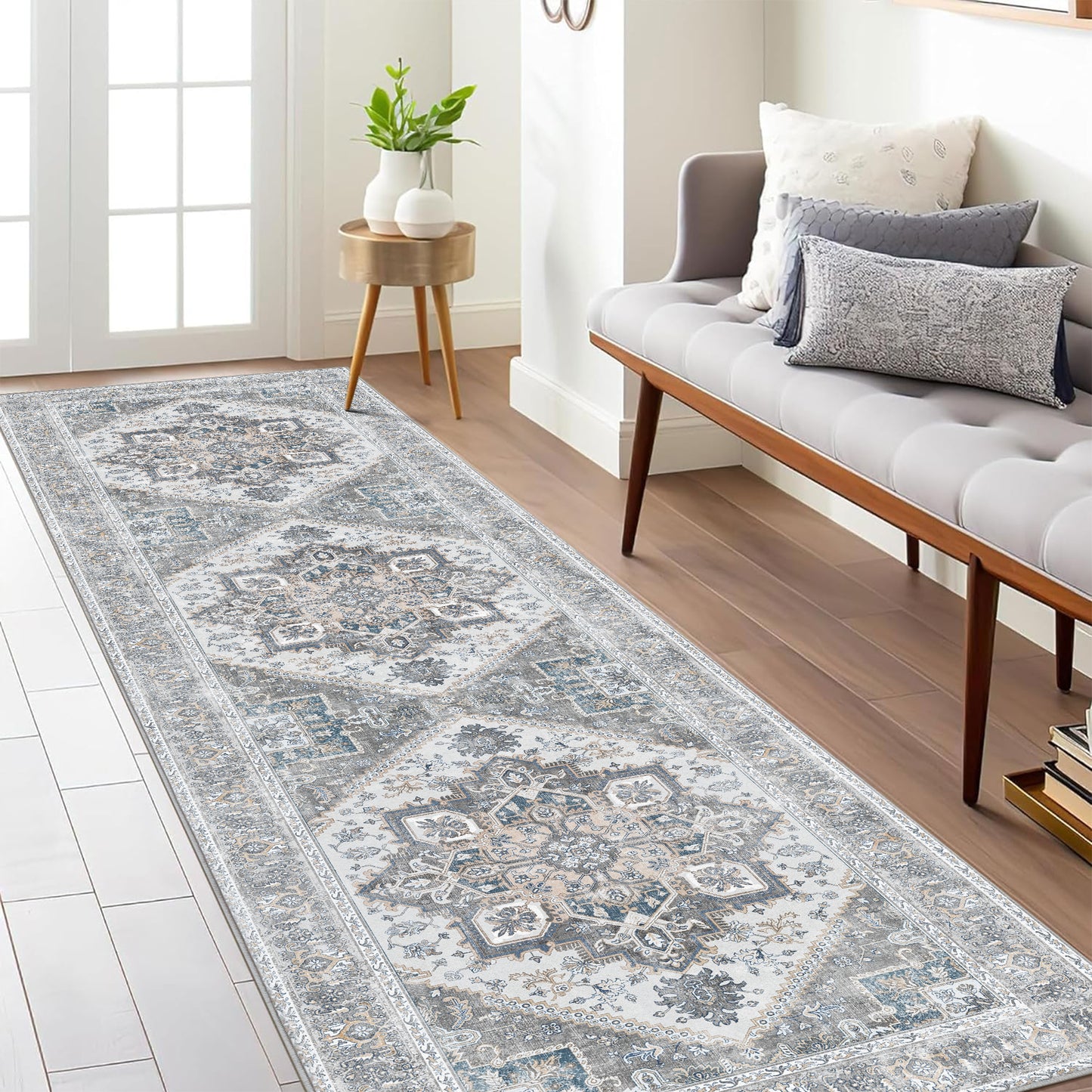 KUETH Area Rugs for Living Room Bedroom, Machine Washable Stain Resistant Floor Cover, Print Gray Floral Medallion Large Accent, Low Pile Mat with Non Slip Rubber Backing, Distressed Gray