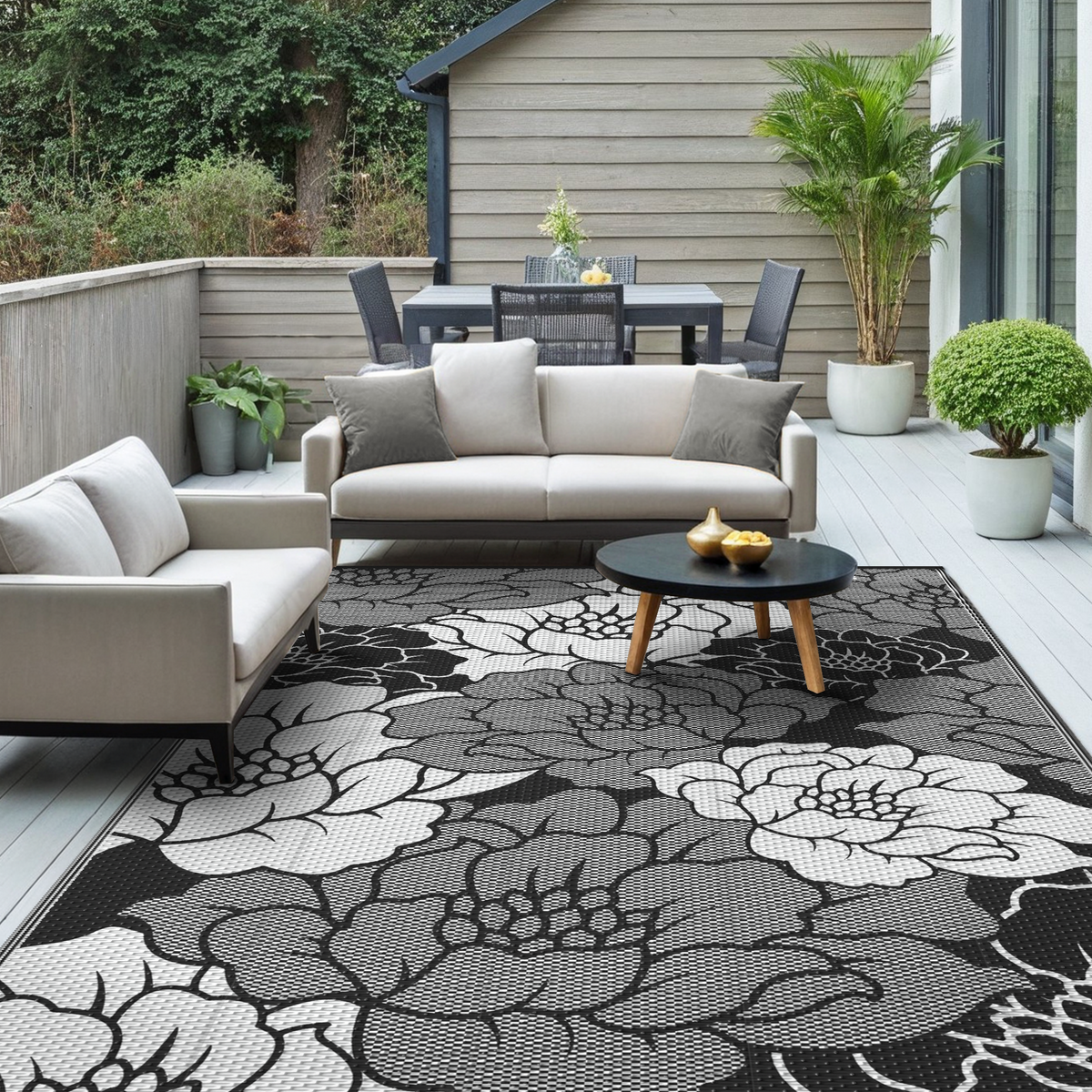 KUETH 6'x 9' Outdoor Rug Plastic Waterproof Outside Foldable Flower Mat UV Resistant Patio RV Deck Carpet,Black White