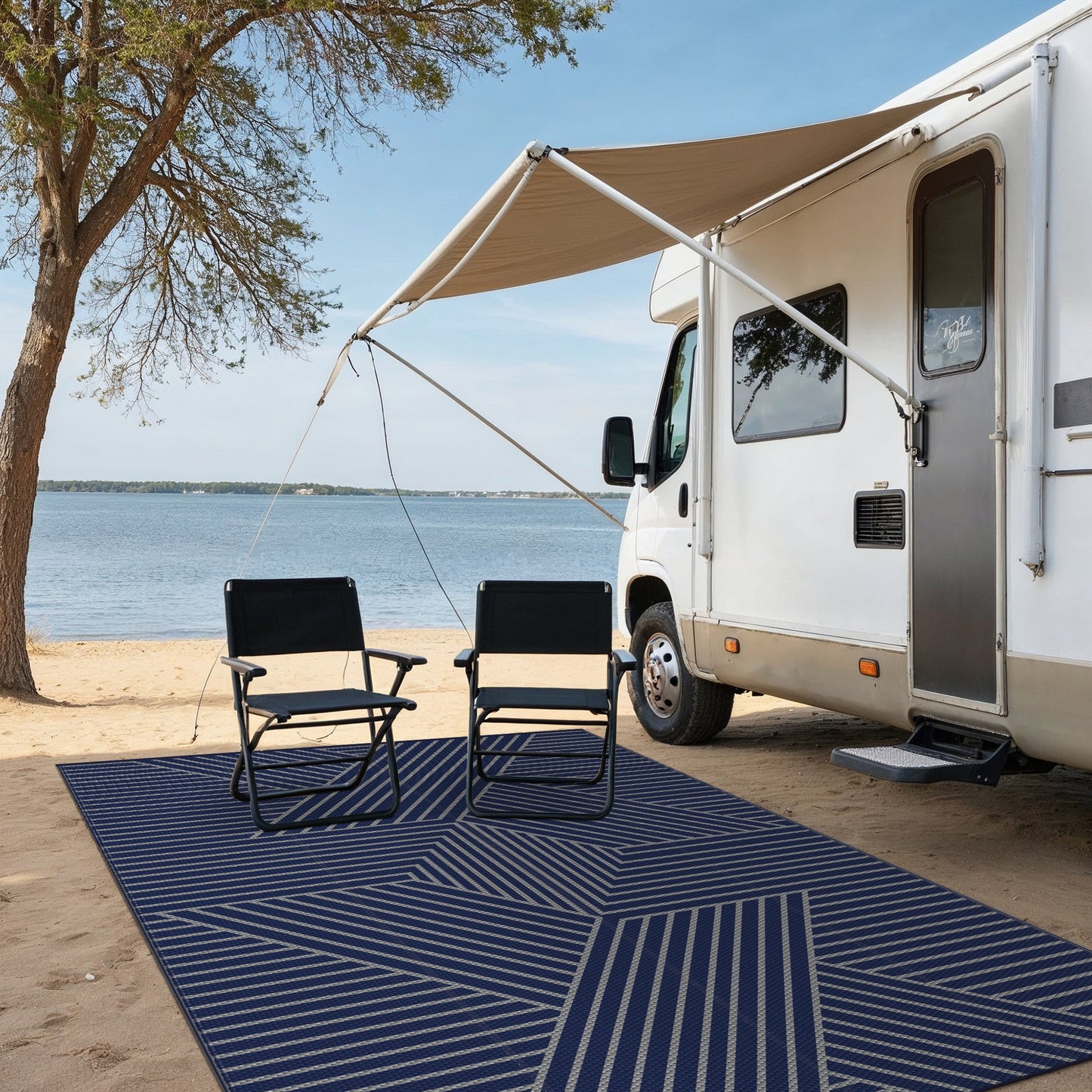KUETH 8'x 10' Outdoor Rug Plastic Foldable Waterproof Outside Carpet UV Resistant Geometric Patio RV Deck Mat,BLUE GREY