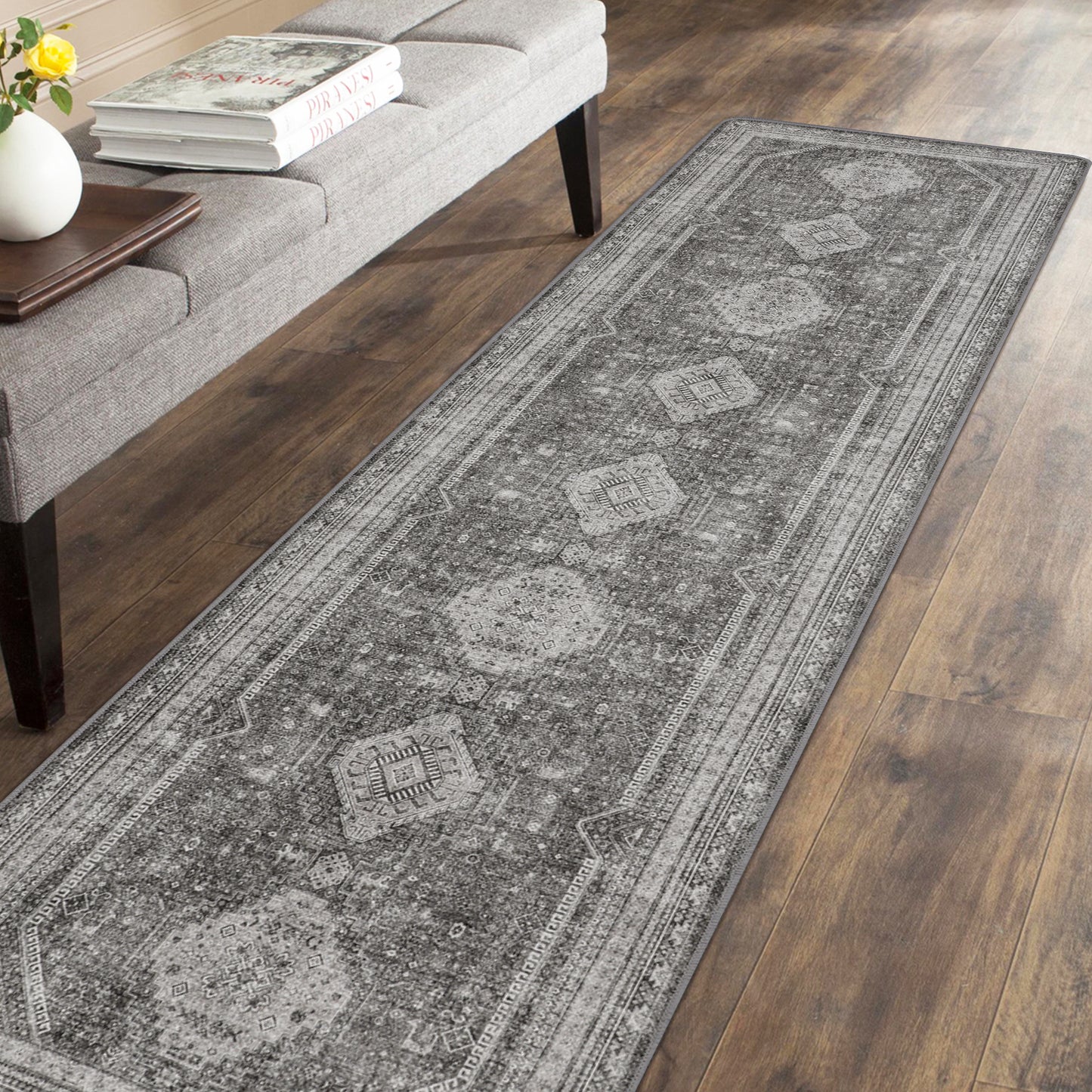 KUETH Area Rug Living Room Clearance, Non Slip Indoor Vogue Area Rugs, Low Pile Chenille Large Print Mat for Bedroom Dining Room Home Office and Hall, Gray