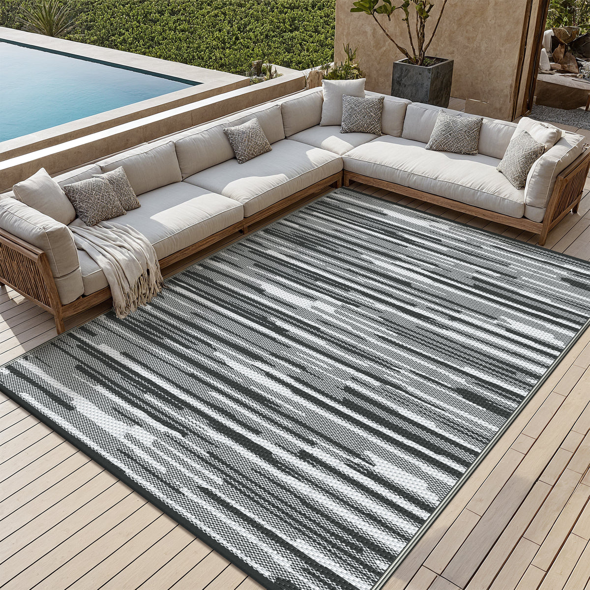 KUETH 5' x 8' Outdoor Waterproof Reversible Rug Camping Mat Abstract Patio Yard Carpet,BLACK&WHITE