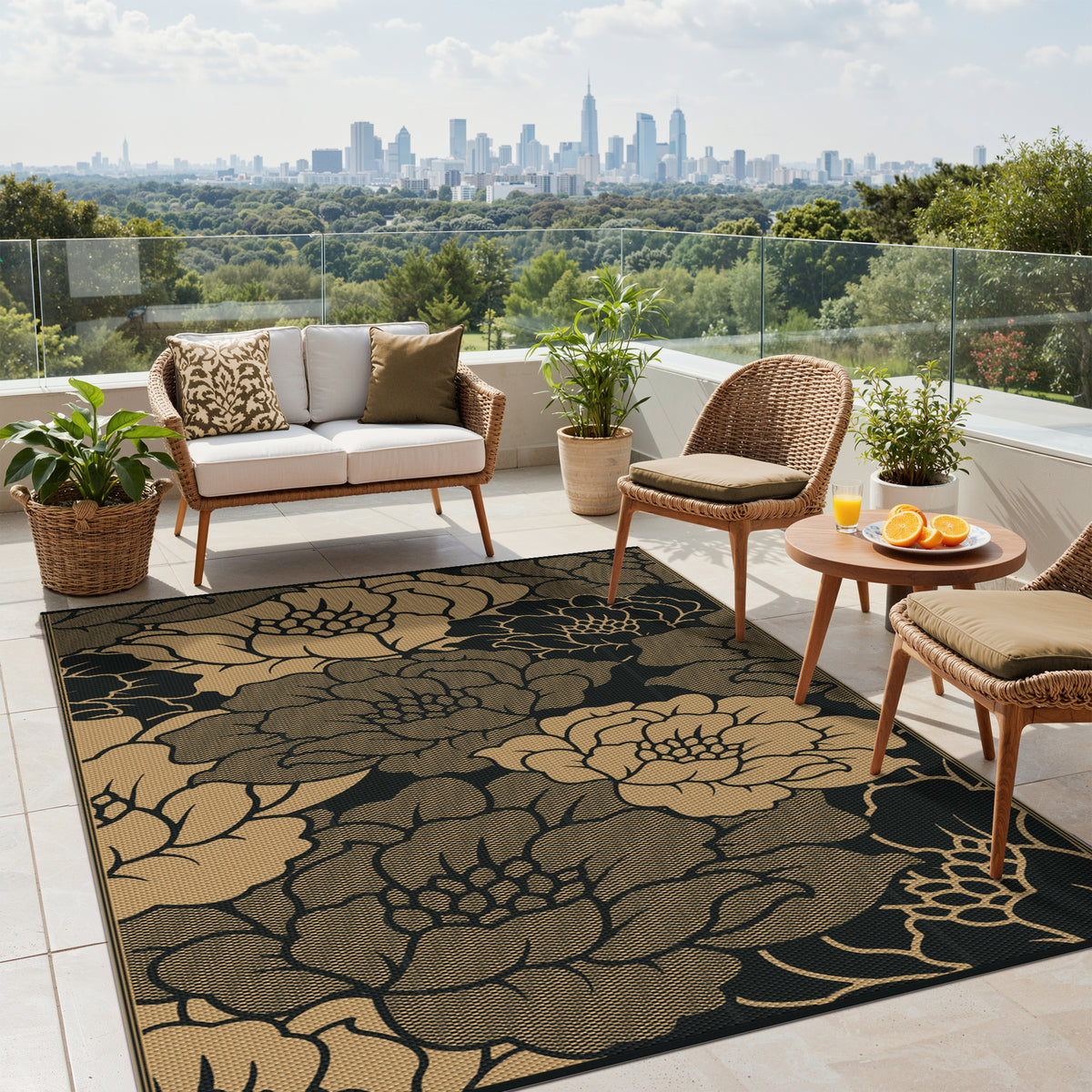 KUETH 9'x 12' Outdoor Rug Plastic Waterproof Outside Foldable Mat UV Resistant Patio RV Deck Carpet,Black Brown