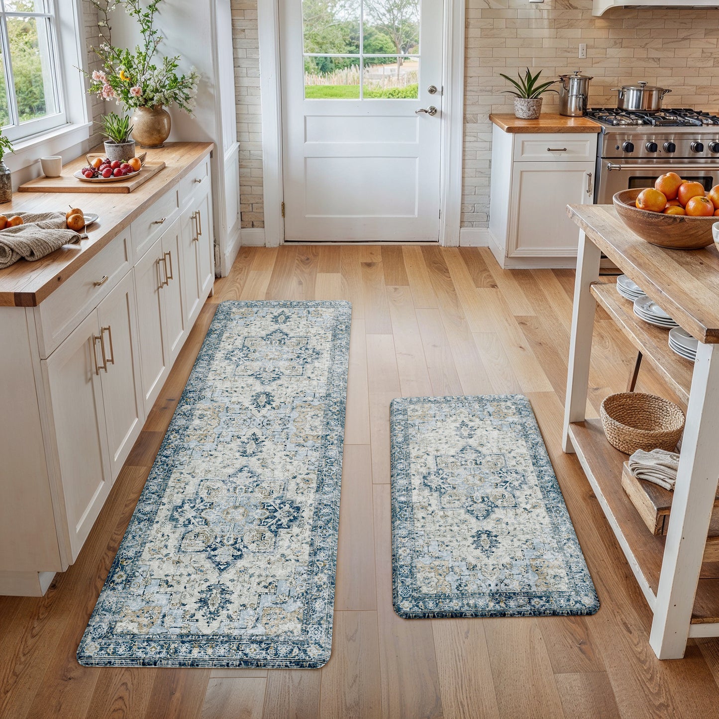 KUETH Kitchen Rug for Floor, Kitchen Mat Anti Fatigue, Non Slip Washable Kitchen Rug, Set of 2 Kitchen Mat 17"x59"+17"x30", Blue