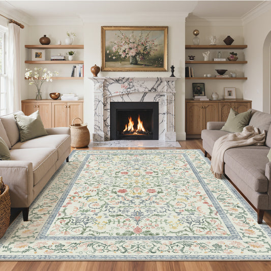 KUETH 8'x10' Area Rugs for Living Room, Non Slip Machine Washable Vintage Indoor Rug, Low Pile Chenille Print Rug for Bedroom Dining Room Home Office