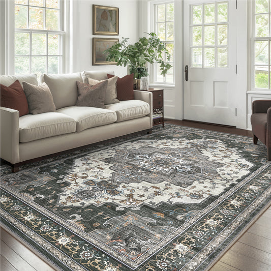KUETH Area Rugs for Living Room, Non Slip Machine Washable Vintage Indoor Rug, Low Pile Print Rug for Bedroom Dining Room Home Office