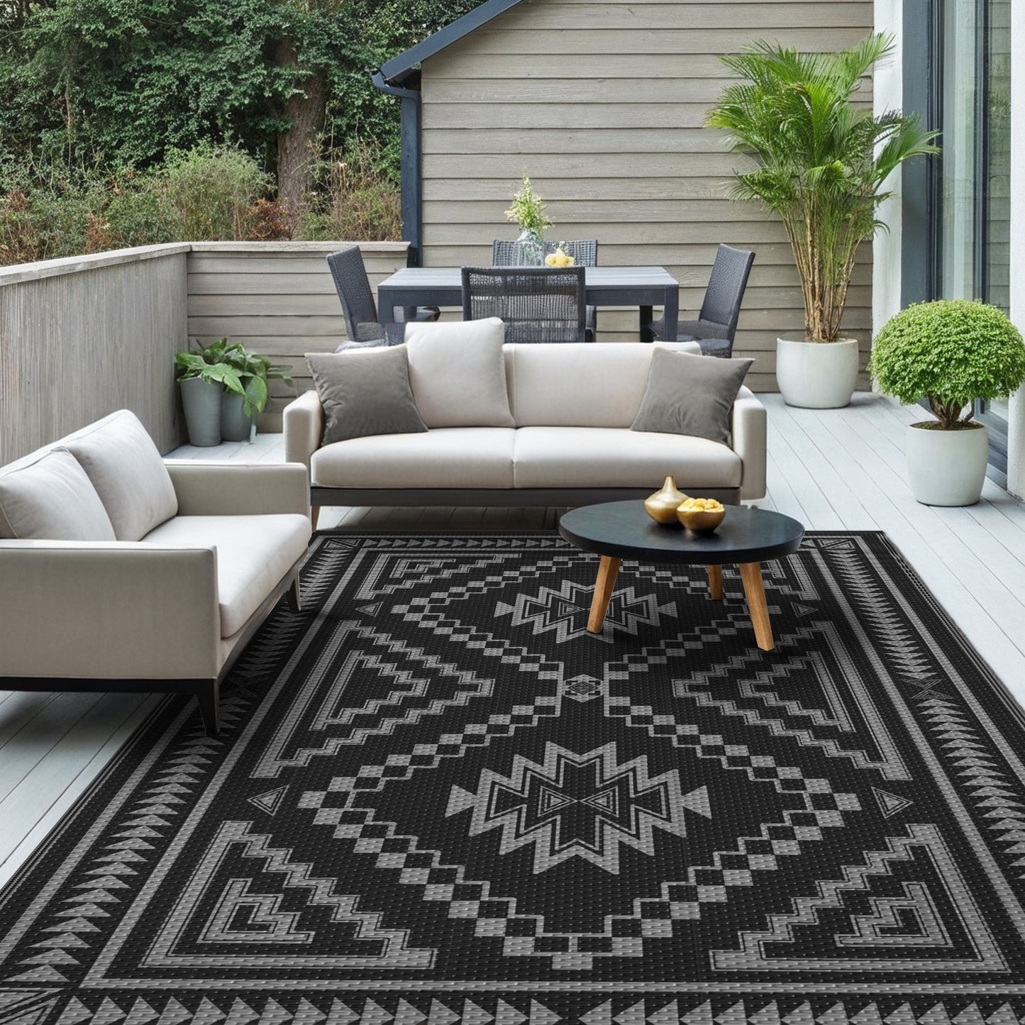 KUETH 6' x 9' Outdoor Rug Waterproof for Patio Carpet Plastic Reversible Straw Outdoor Rug for Camping Picnic Geometric Mat ,Black & Gray