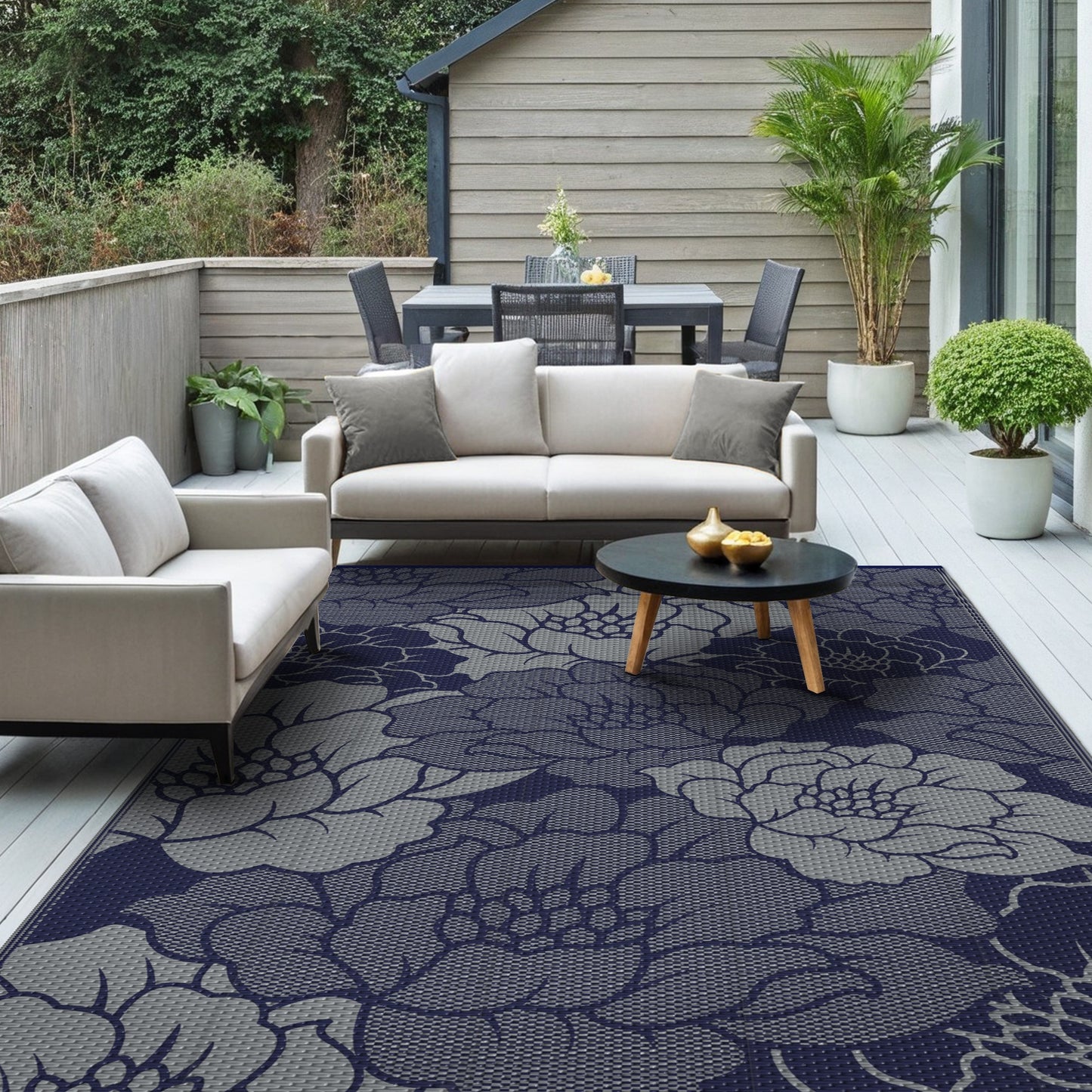 KUETH 6'x 9' Outdoor Rug Plastic Waterproof Outside Foldable Flower Mat UV Resistant Patio RV Deck Carpet,BLUE GREY