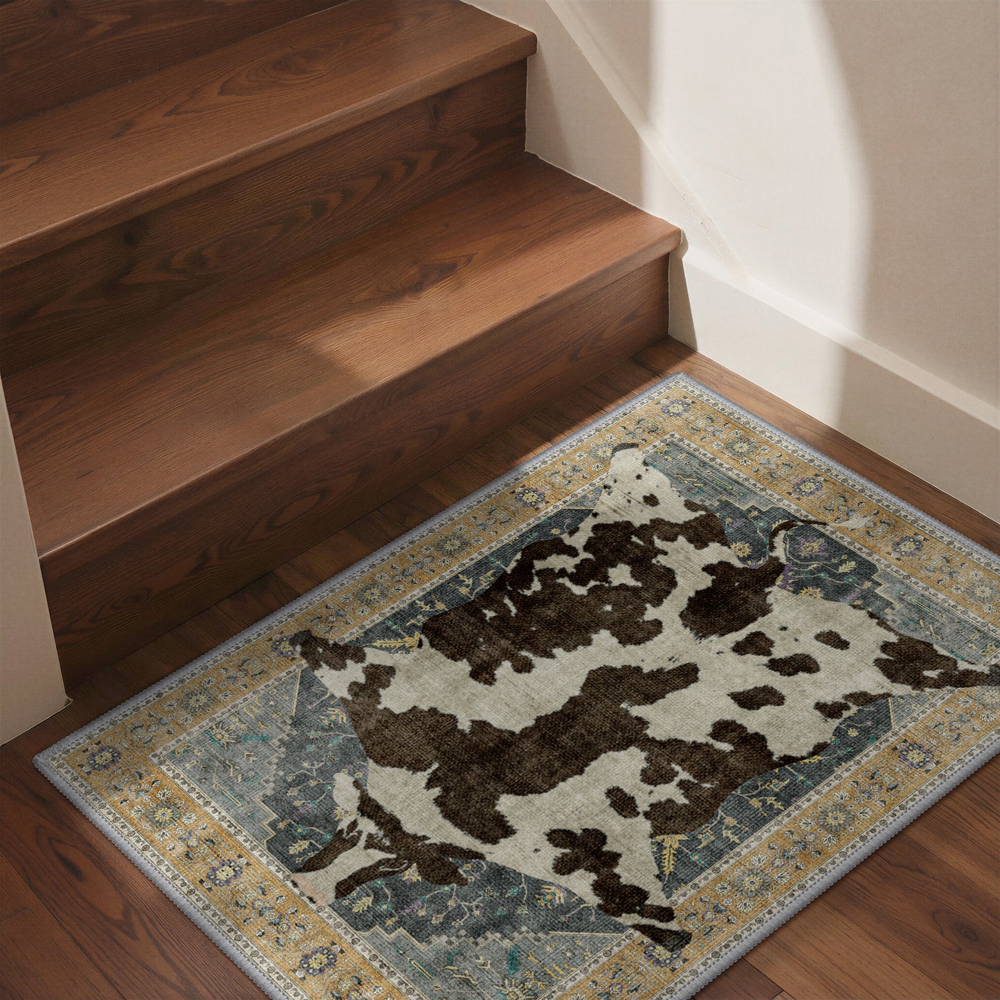 KUETH 5'x7' Cow Area Rugs for Living Room, Non Slip Machine Washable Vintage Boho Rug, Low Pile Print Rug for Bedroom Dining Room Home Office