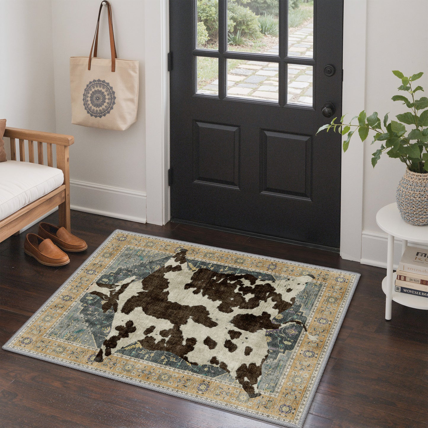 KUETH 5'x7' Cow Area Rugs for Living Room, Non Slip Machine Washable Vintage Boho Rug, Low Pile Print Rug for Bedroom Dining Room Home Office