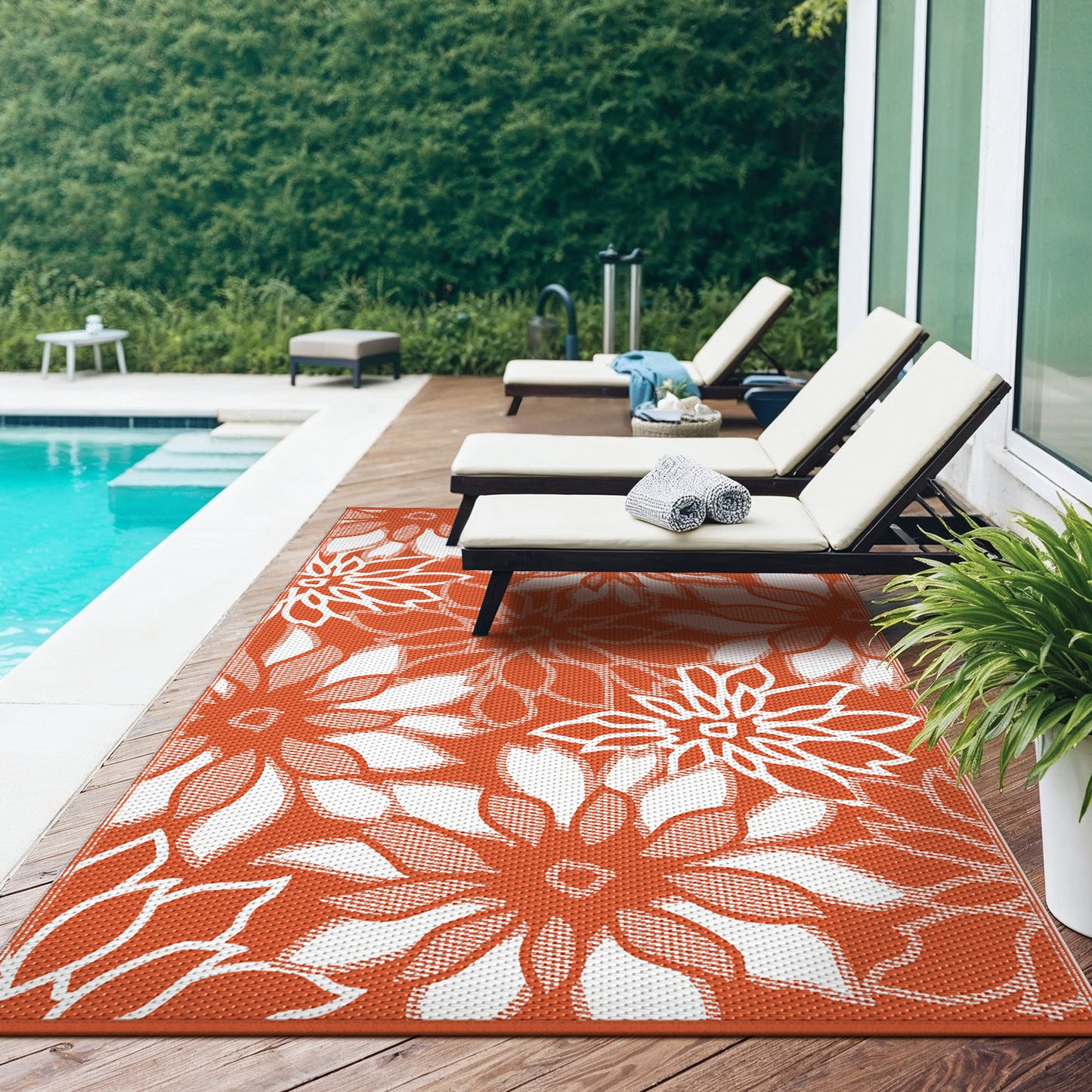 KUETH 6'x9' Outdoor Rug Waterproof Plastic Reversible Floral Patio Camping Outside Carpet,Orange White