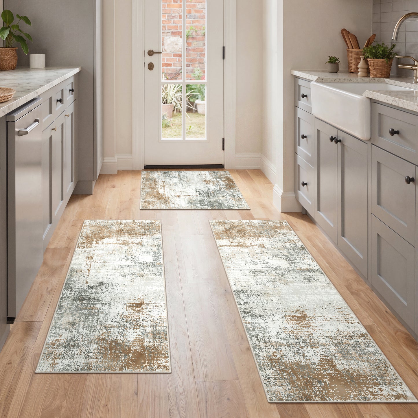 KUETH Kitchen Mats for Floor,Sets of 3 Non Slip Washable Abstract Kitchen Rugs 20"x32"+20"x48"+20"x59", Kitchen Runner Rug with Waterproof for Hallway, Laundry, Bathroon and Bedroom