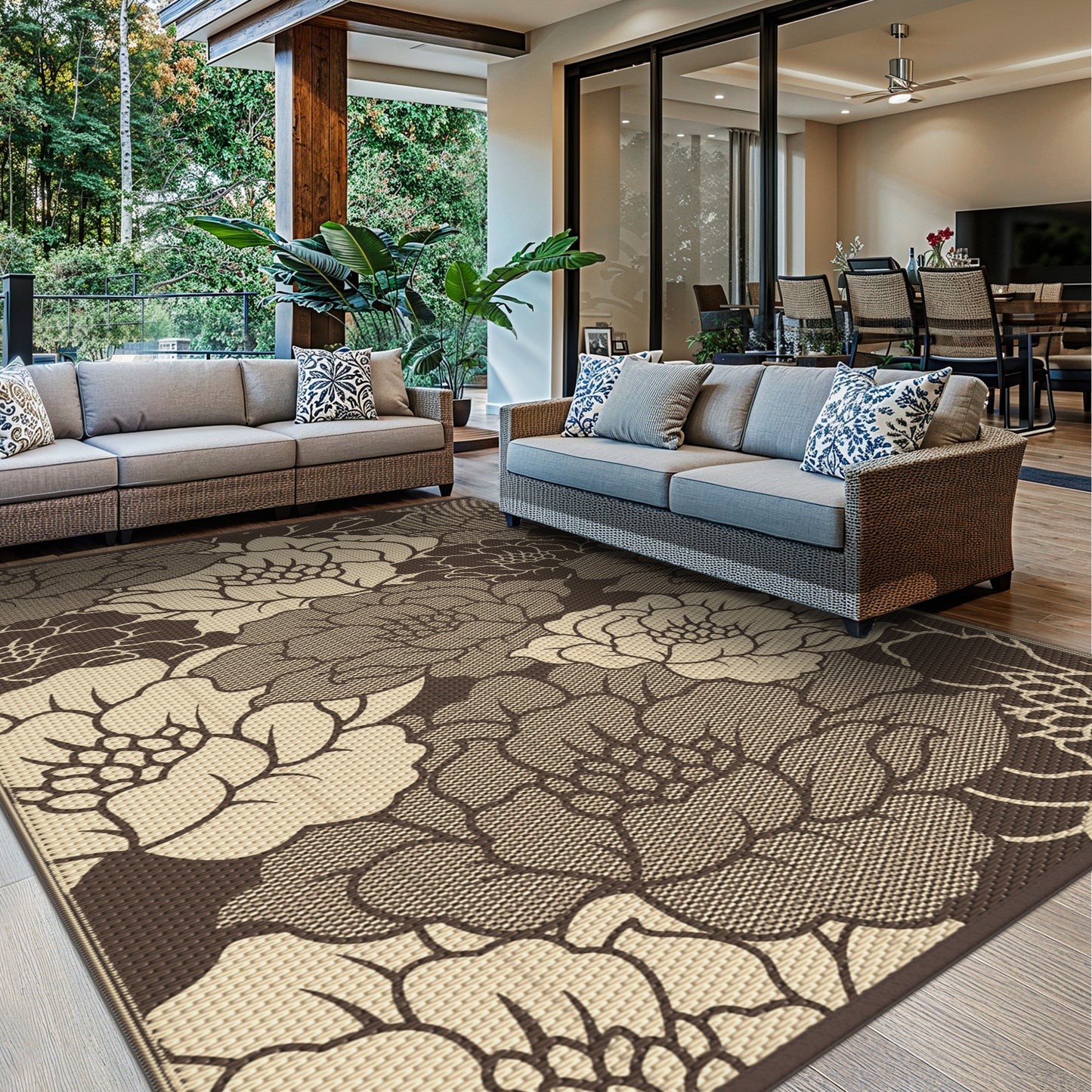 KUETH 6'x 9' Outdoor Rug Plastic Waterproof Outside Foldable Flower Mat UV Resistant Patio RV Deck Carpet,COFFEE BEIGE