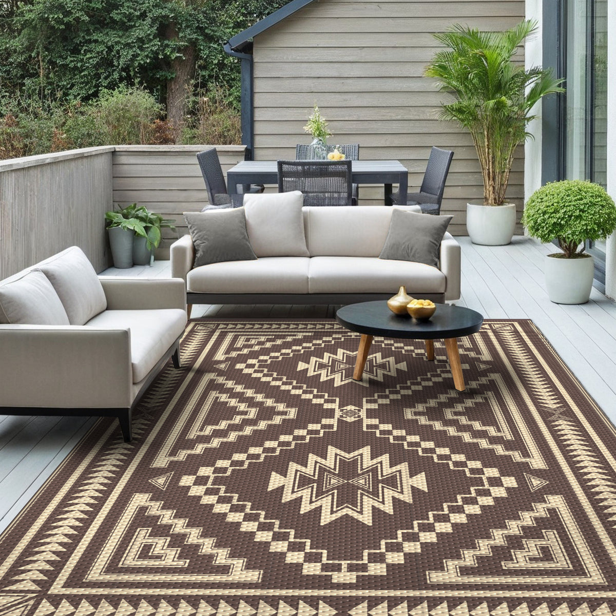 KUETH 5' x 8' Outdoor Rug Waterproof for Patio Carpet Plastic Reversible Straw Outdoor Rug for Camping Picnic Geometric Mat ,COFFEE&BEIGE