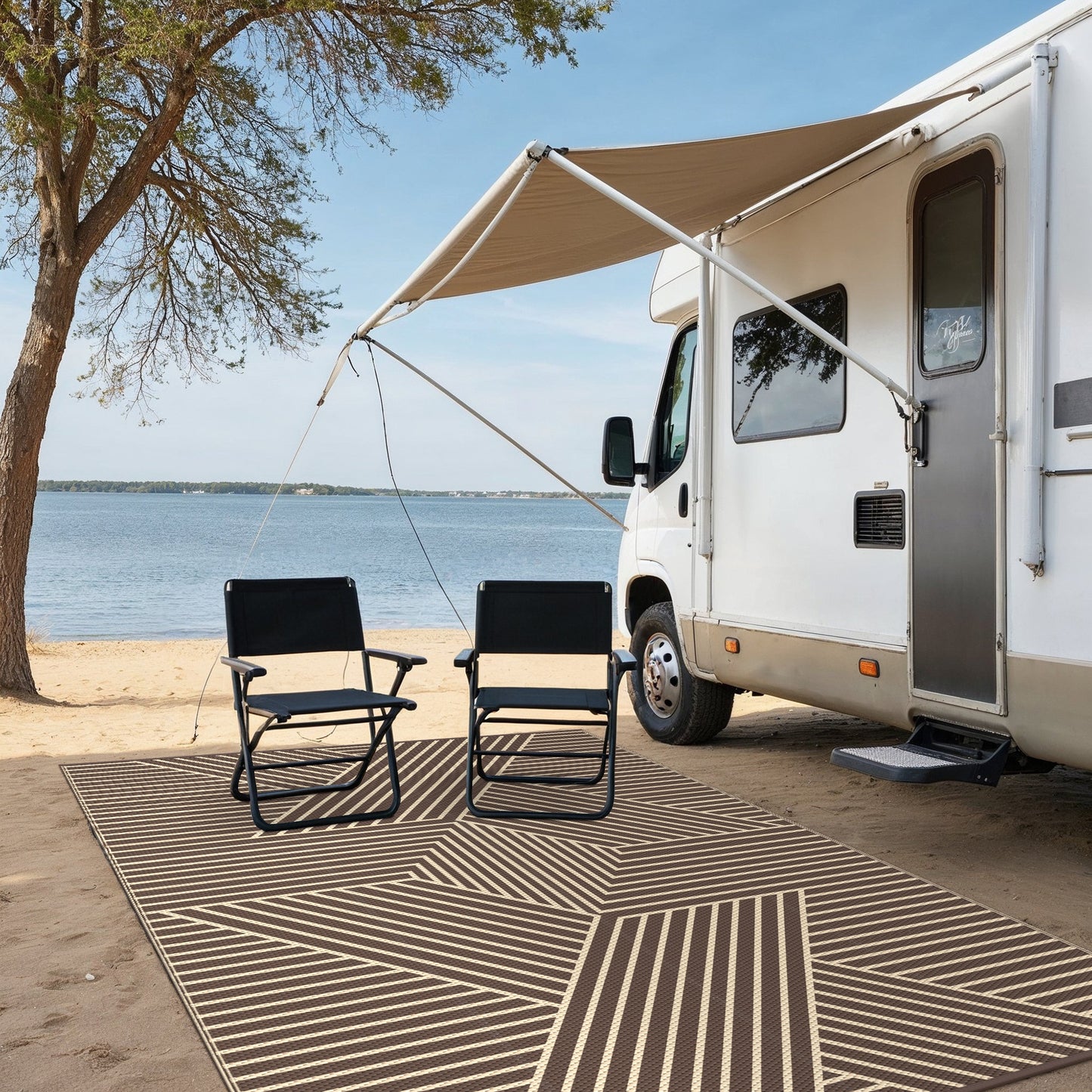 KUETH 6'x 9' Outdoor Rug Plastic Foldable Waterproof Outside Carpet UV Resistant Geometric Patio RV Deck Mat,COFFEE BEIGE