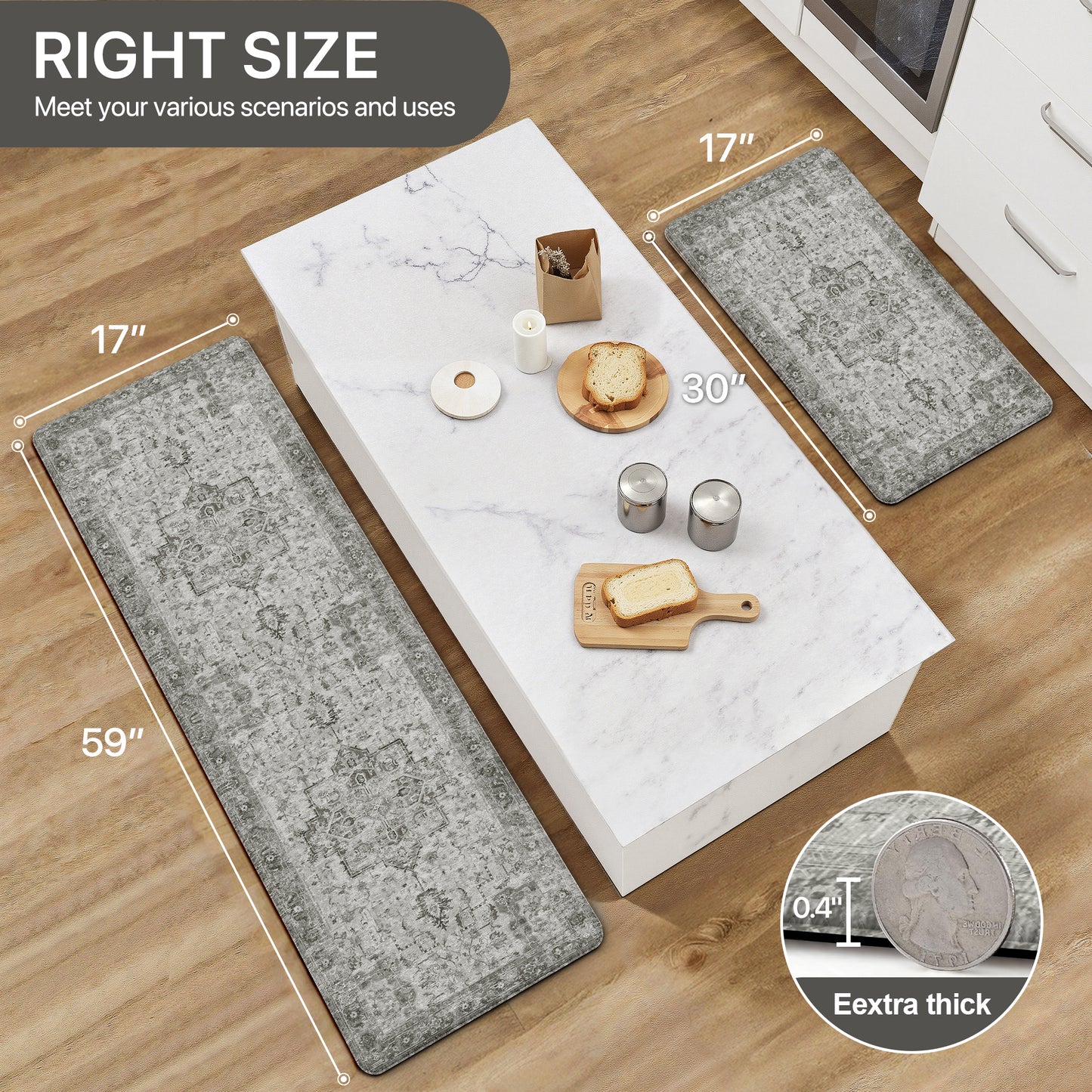 KUETH Kitchen Mats for Floor, Kitchen Rug with Anti Fatigue, Non Slip Washable Kitchen Rug, Set of 2 Kitchen Mat 17"x47"+17"x30", Runner Rug with Waterproof for Bathroon and Bedroom