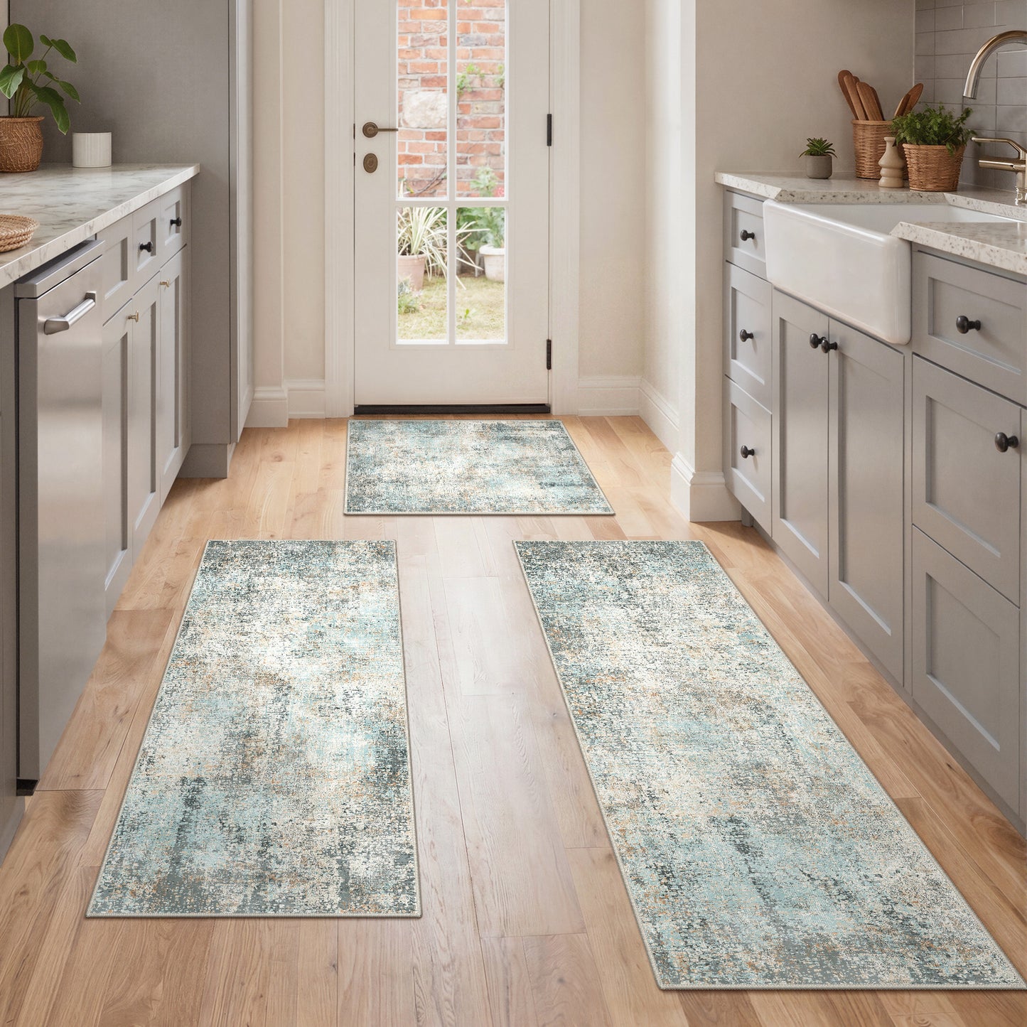 KUETH Kitchen Mats for Floor,Sets of 3 Non Slip Washable Abstract Kitchen Rugs 20"x32"+20"x48"+20"x59", Kitchen Runner Rug with Waterproof for Hallway, Laundry, Bathroon and Bedroom