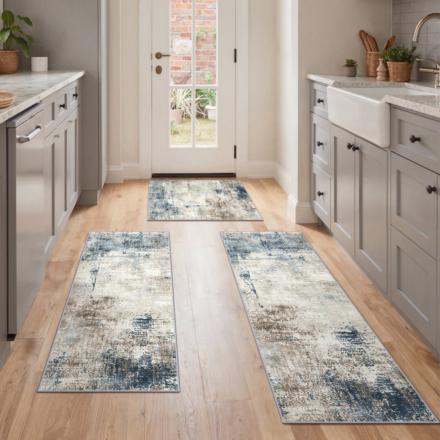 KUETH Kitchen Mats for Floor,Sets of 3 Non Slip Washable Abstract Kitchen Rugs 20"x32"+20"x48"+20"x59", Kitchen Runner Rug with Waterproof for Hallway, Laundry, Bathroon and Bedroom