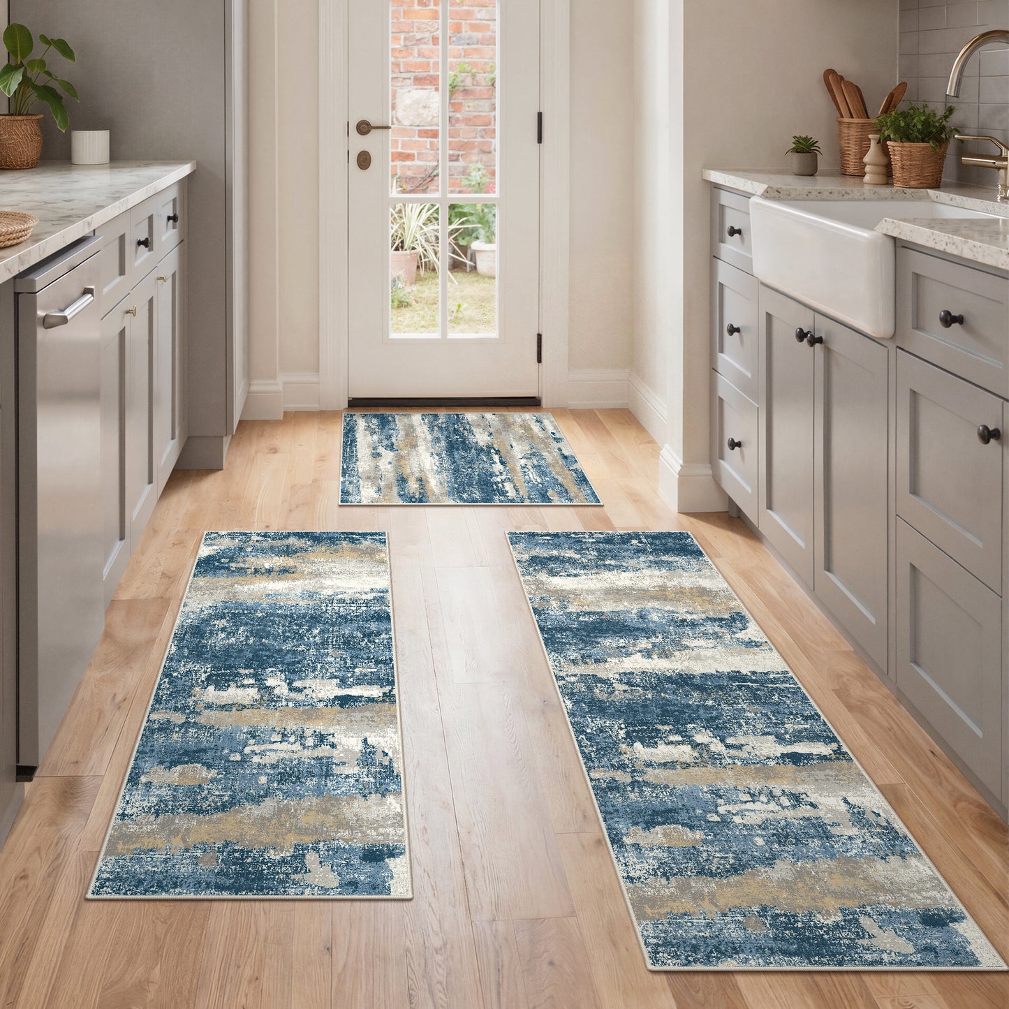 KUETH Kitchen Mats for Floor,Sets of 3 Non Slip Washable Abstract Kitchen Rugs 20"x32"+20"x48"+20"x59", Kitchen Runner Rug with Waterproof for Hallway, Laundry, Bathroon and Bedroom