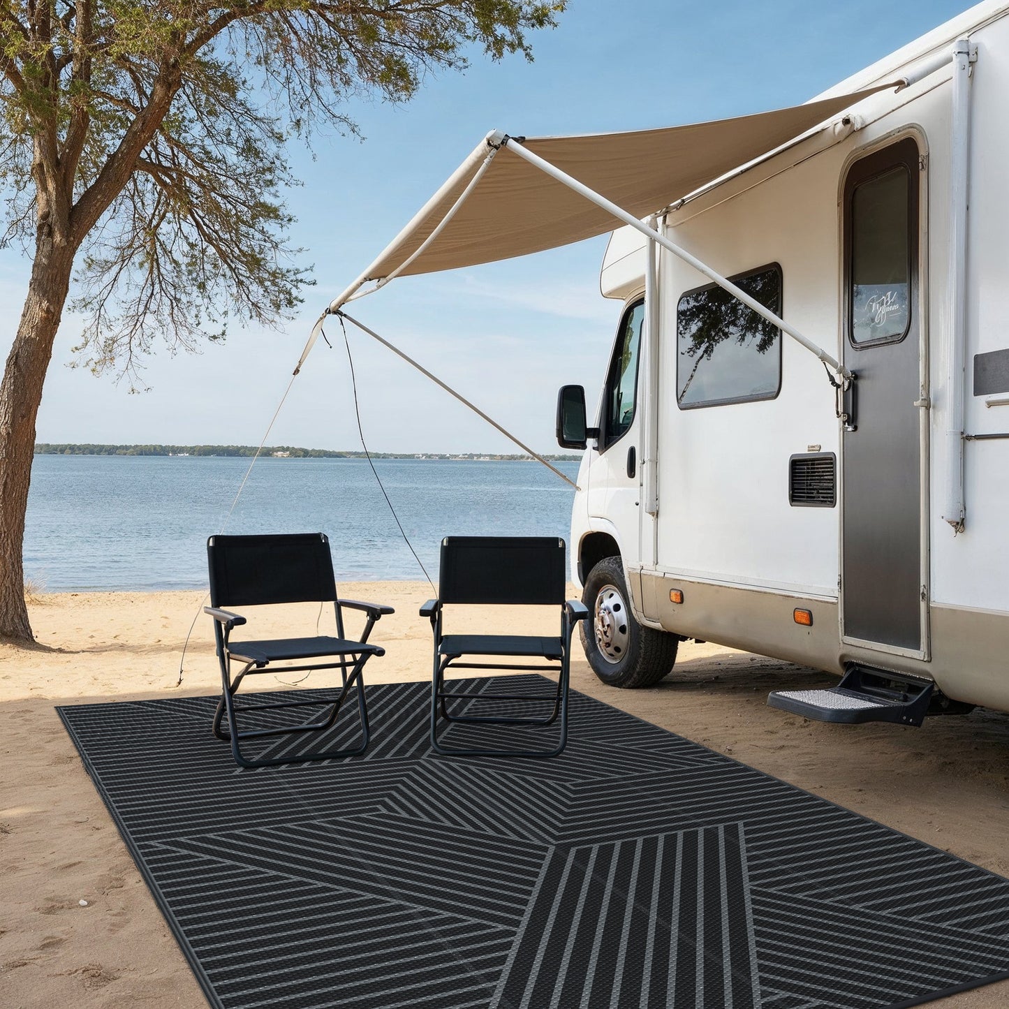 KUETH 6'x 9' Outdoor Rug Plastic Foldable Waterproof Outside Carpet UV Resistant Geometric Patio RV Deck Mat,BLACK GREY
