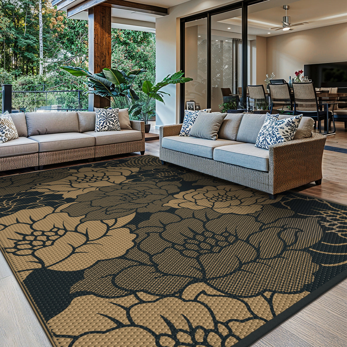 KUETH 9'x 12' Outdoor Rug Plastic Waterproof Outside Foldable Mat UV Resistant Patio RV Deck Carpet,Black Brown