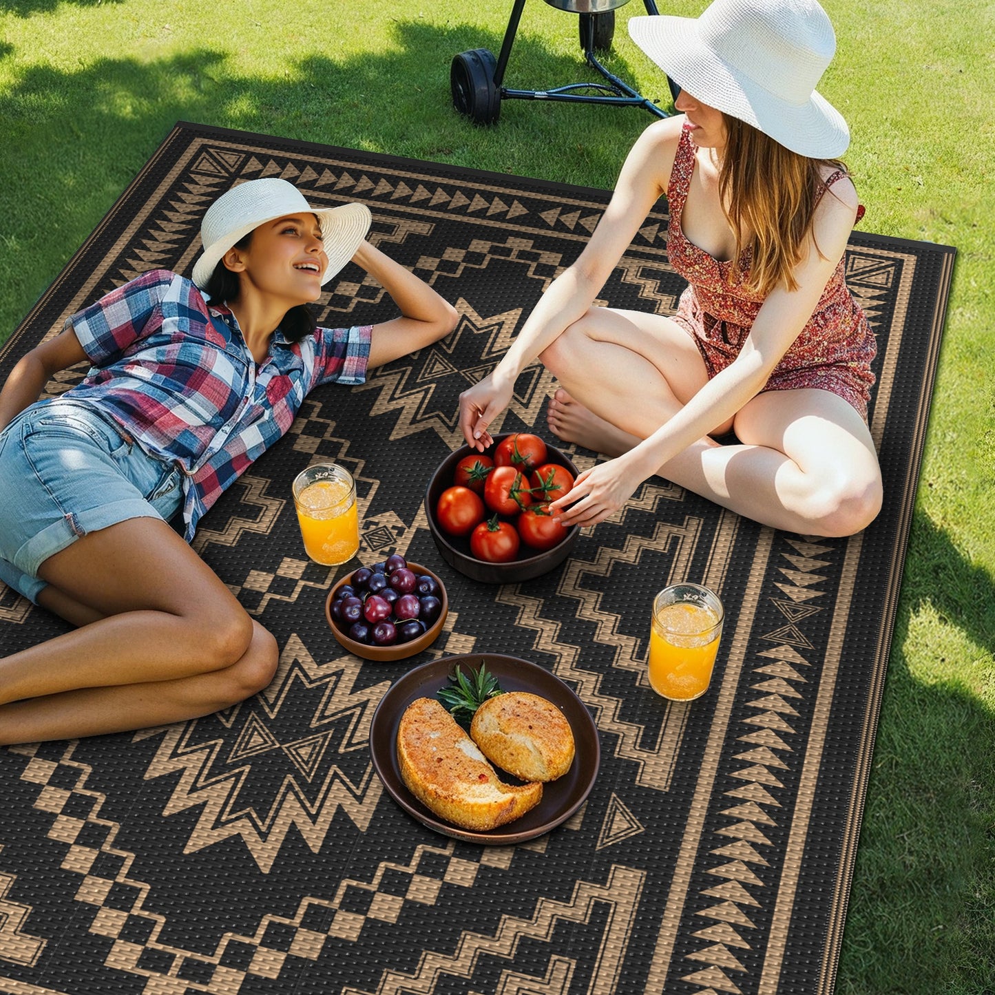 KUETH 6' x 9' Outdoor Rug Waterproof for Patio Carpet Plastic Reversible Straw Outdoor Rug for Camping Picnic Geometric Mat ,Black & Brown