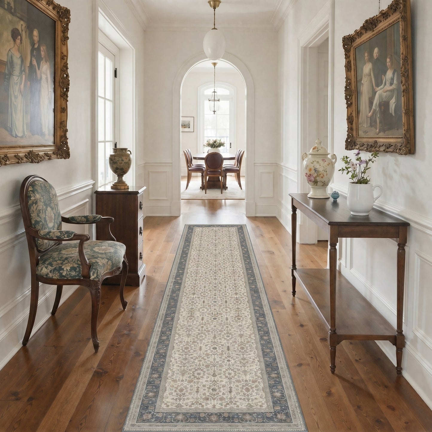 KUETH 8X10 Machine Washable Area Rug, Low Pile Non-Slip Backing Carpet for Living Room and Bedroom, Pet-Friendly Vintage Floral Medallion Rug, Blue